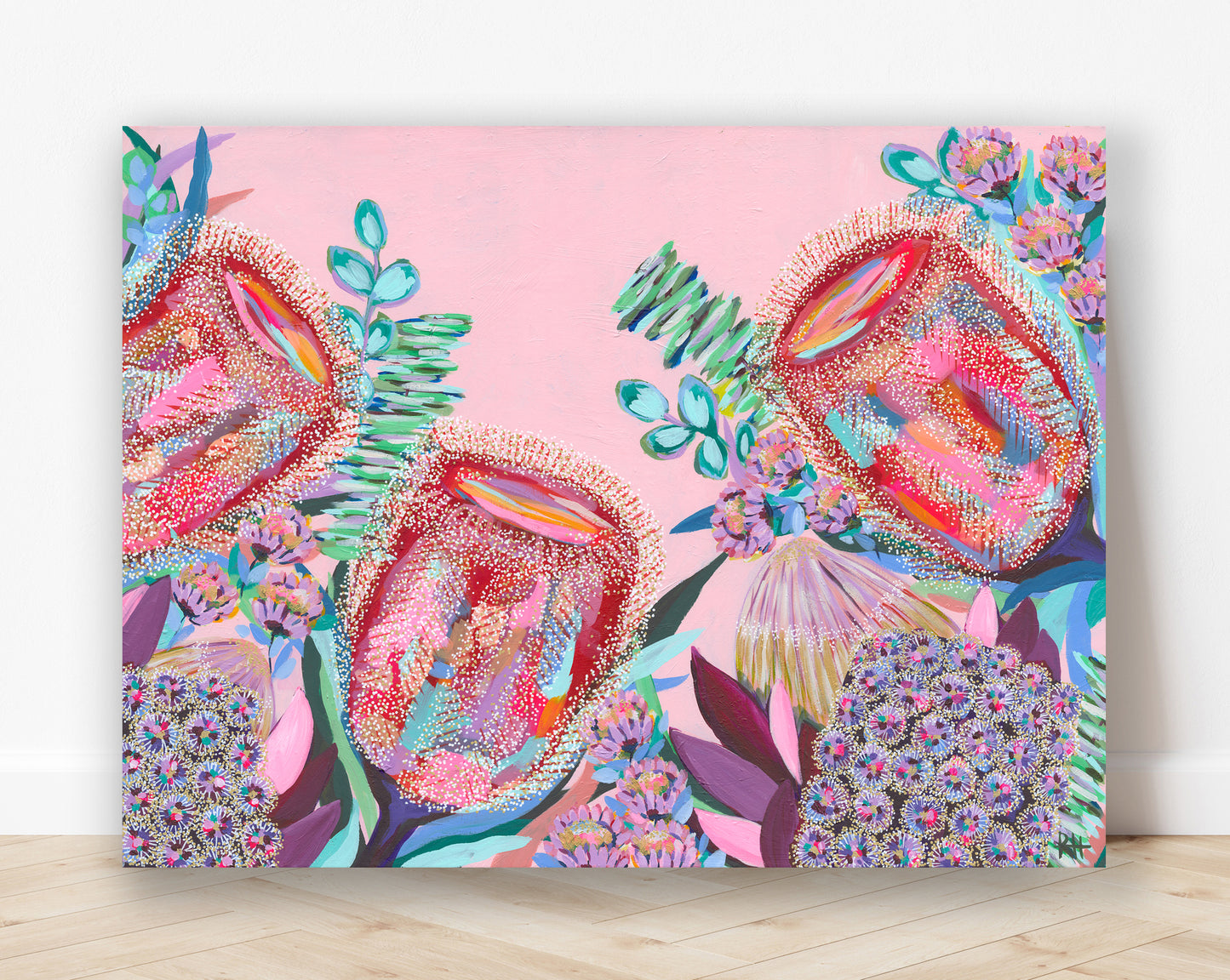 Banksia Song – colourful floral artwork by Rachelle Holowko with vibrant banksias and soft pink background.
