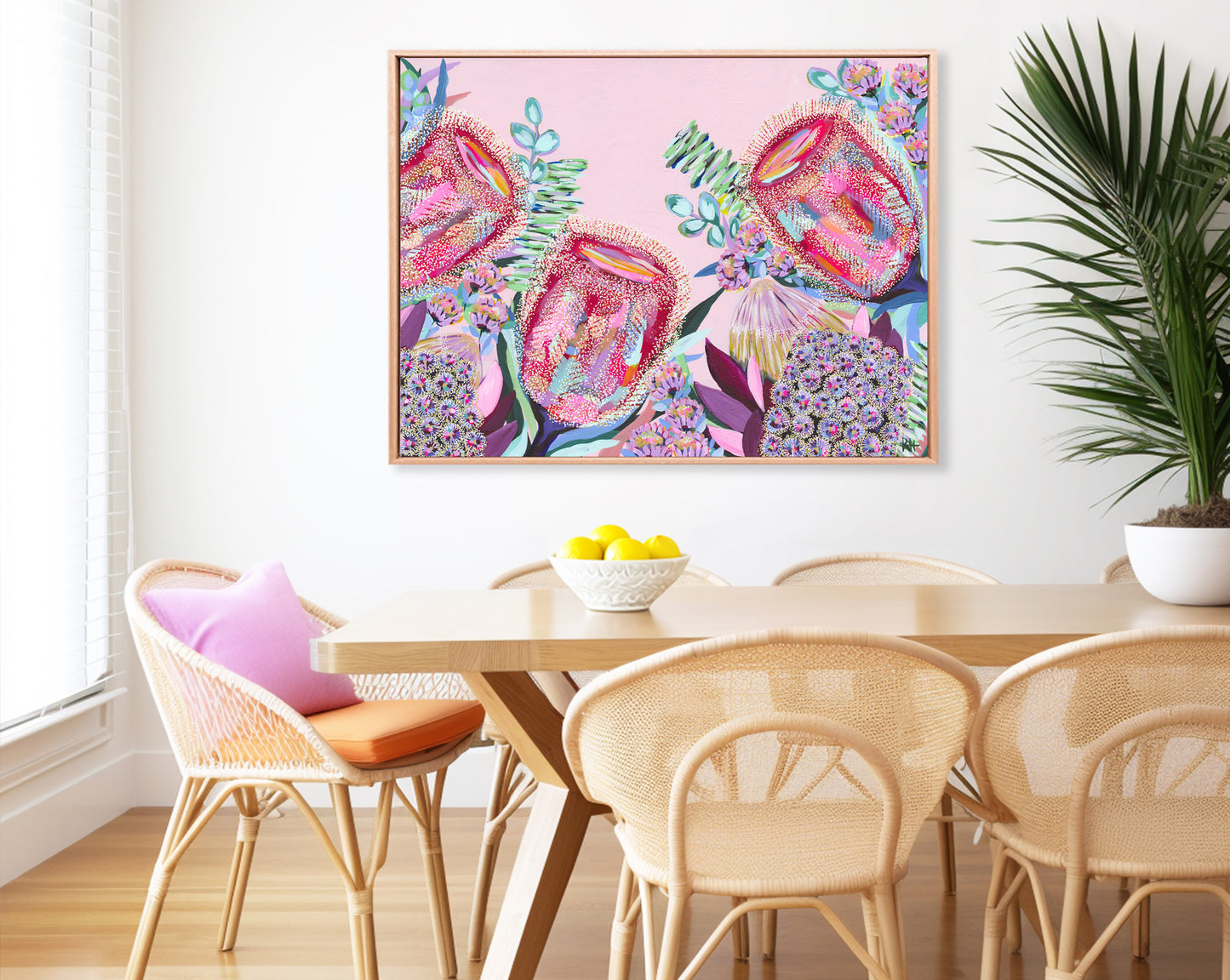 Banksia Song – colourful floral artwork by Rachelle Holowko with vibrant banksias and soft pink background.