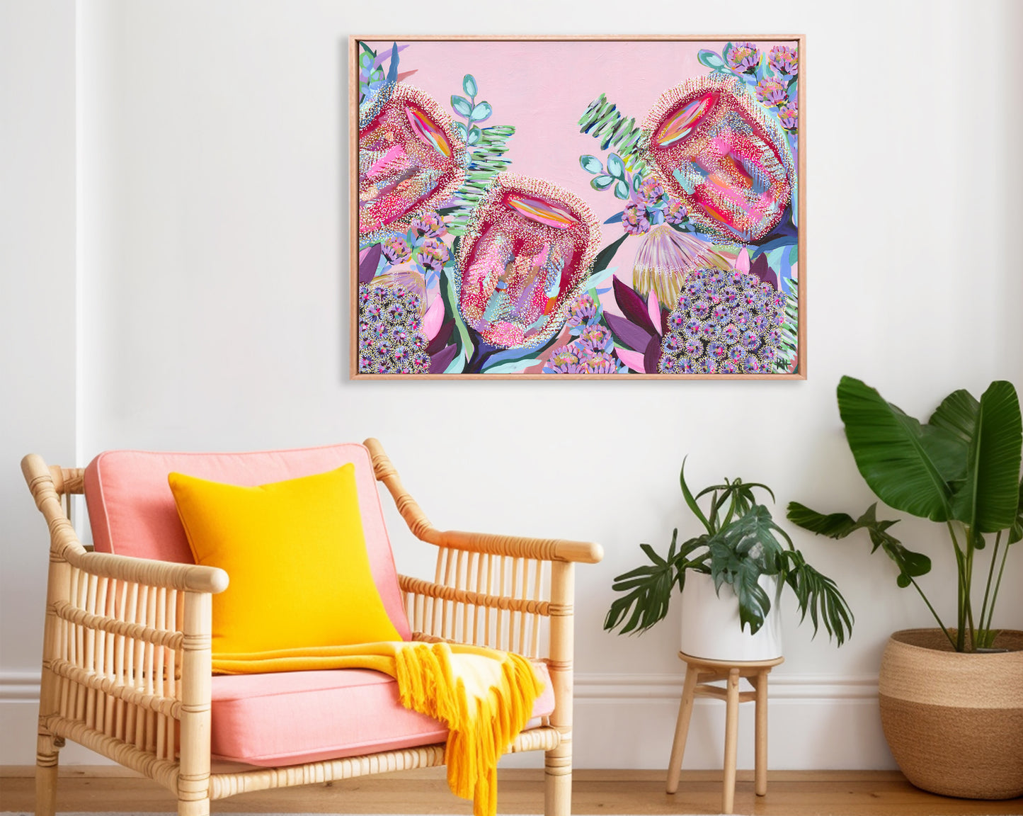 Banksia Song – colourful floral artwork by Rachelle Holowko with vibrant banksias and soft pink background.