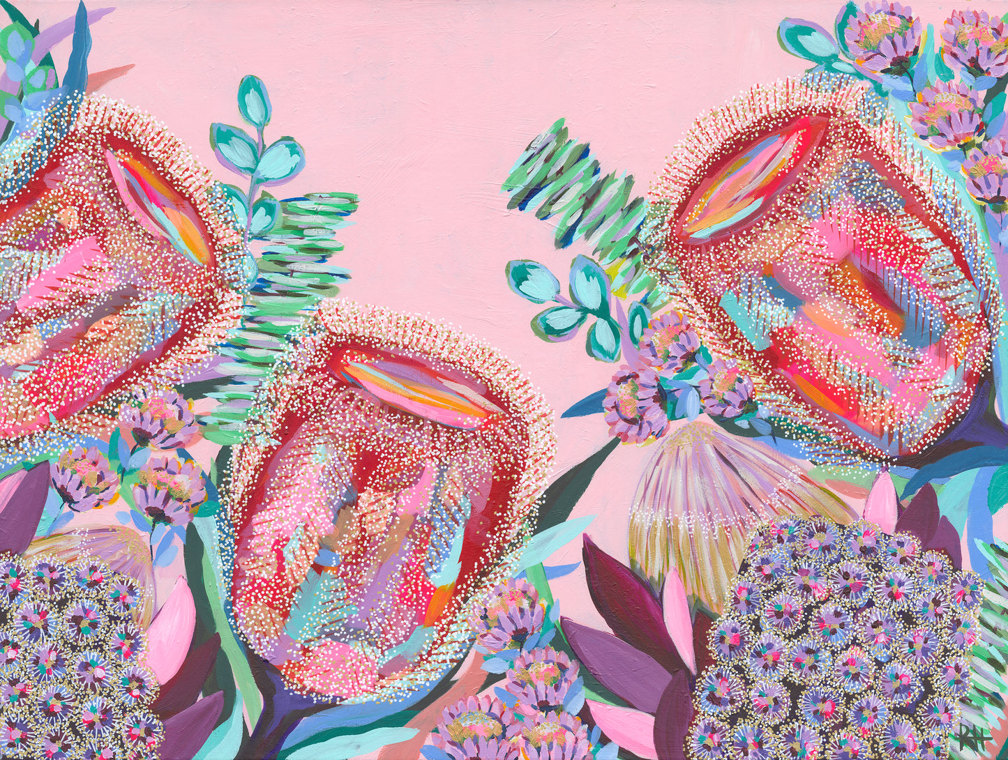 Banksia Song – colourful floral artwork by Rachelle Holowko with vibrant banksias and soft pink background.