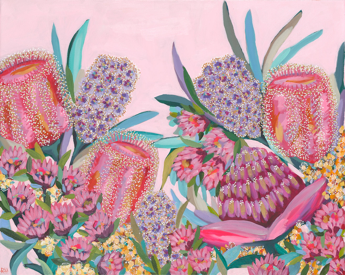 Original acrylic painting and print ‘Bloom Parade’ by Rachelle Holowko – bold floral abstract in pinks and greens