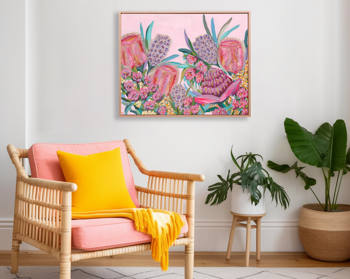 Colourful floral artwork by Rachelle Holowko styled in a bright modern home interior