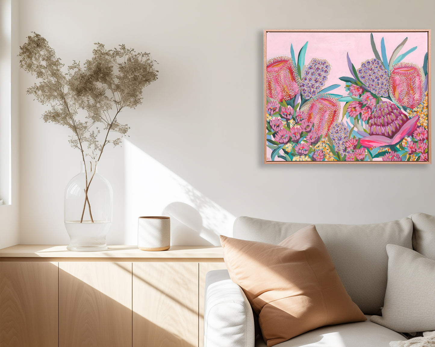 Colourful floral artwork by Rachelle Holowko styled in a bright modern home interior