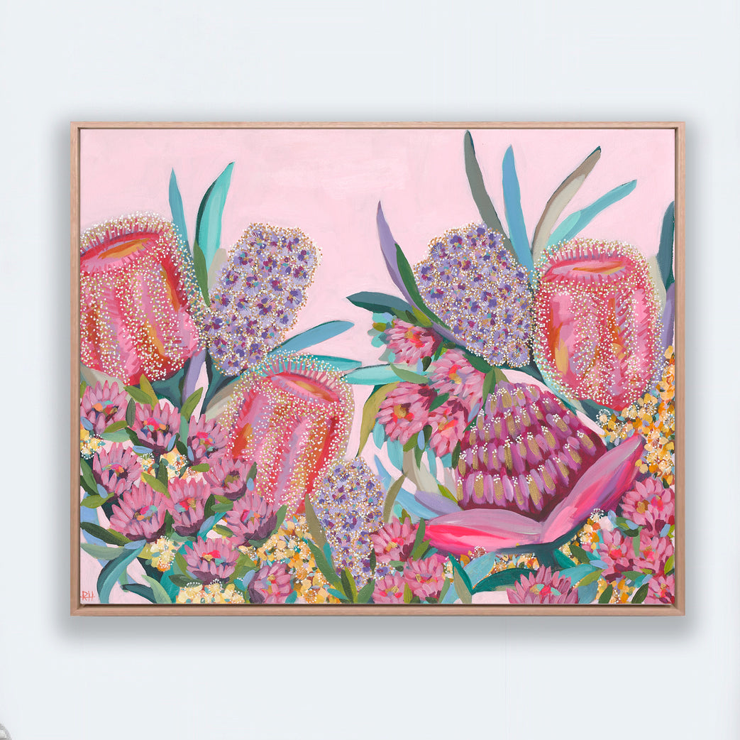 Original acrylic painting and print ‘Bloom Parade’ by Rachelle Holowko – bold floral abstract in pinks and greens