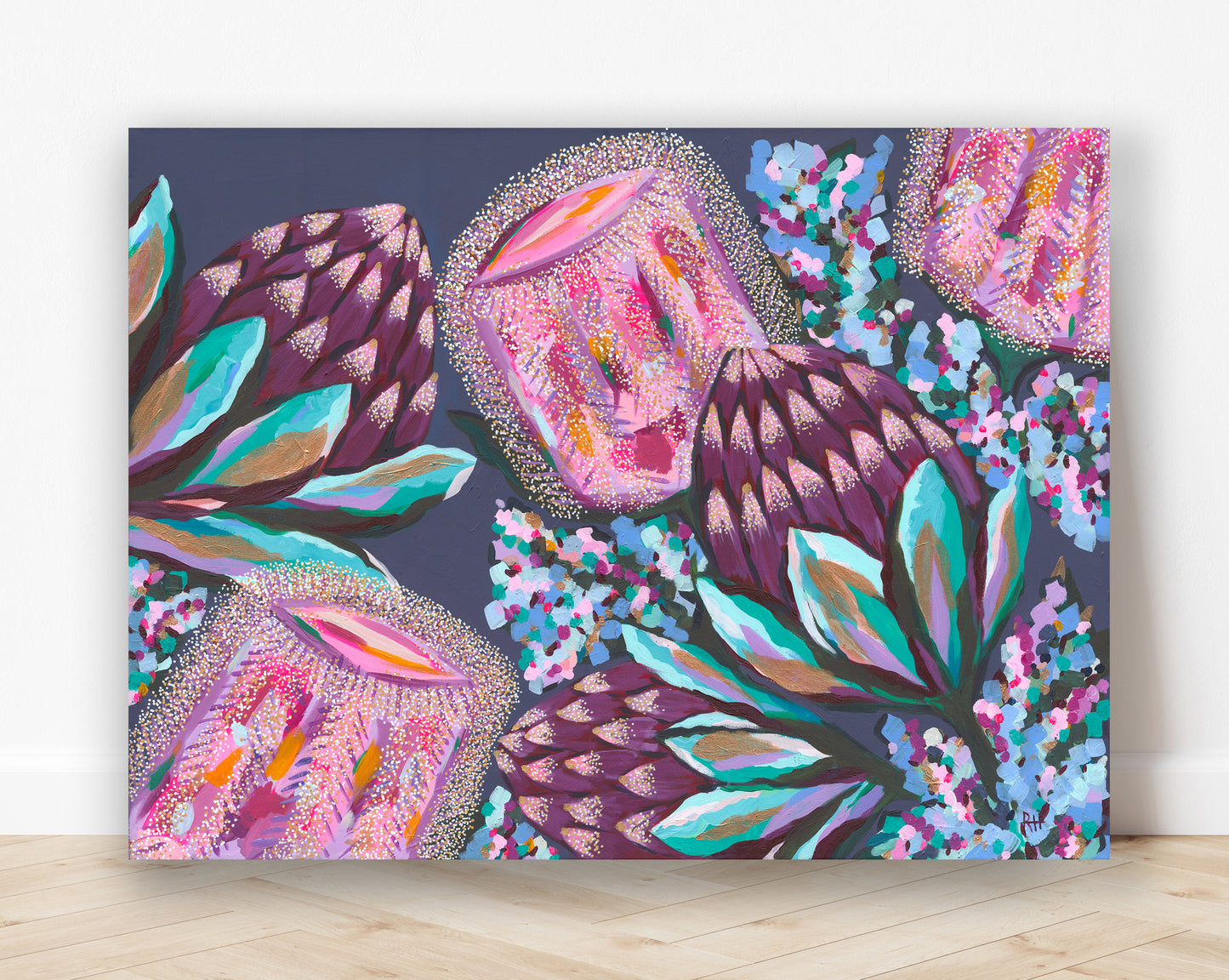 Fireside – rich and moody Australian floral painting by Rachelle Holowko with deep red banksias and lush textured leaves.