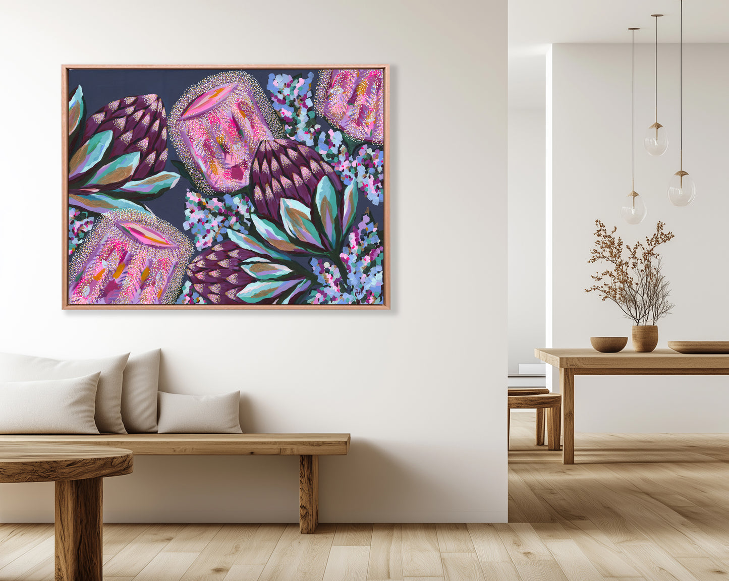 Fireside – rich and moody Australian floral painting by Rachelle Holowko with deep red banksias and lush textured leaves.