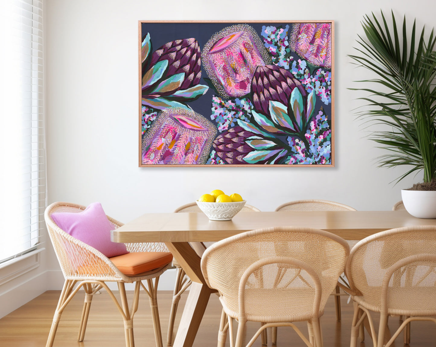 Fireside – rich and moody Australian floral painting by Rachelle Holowko with deep red banksias and lush textured leaves.