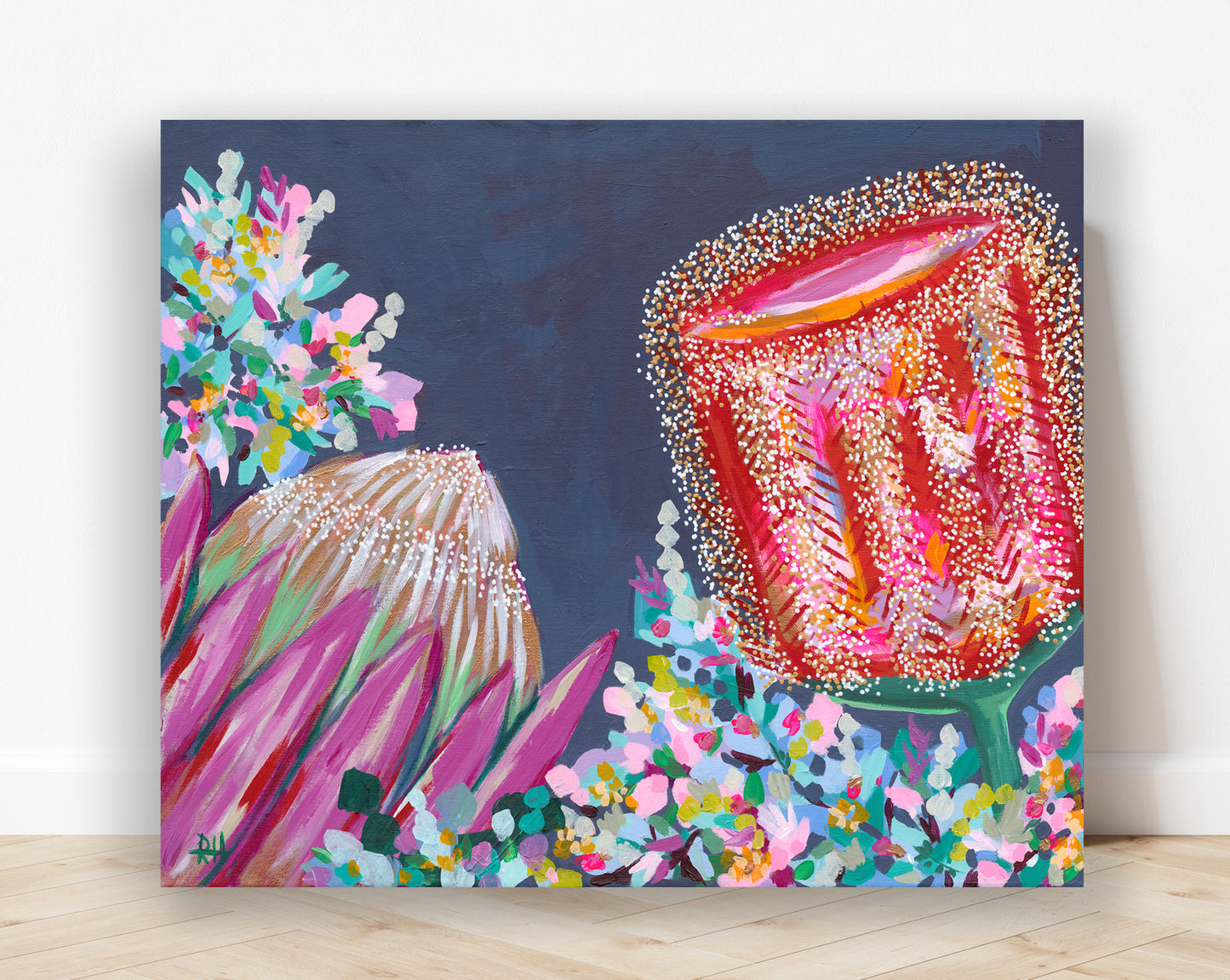 First Light – original floral painting by Rachelle Holowko featuring bold banksias and proteas in warm pinks and soft morning tones.