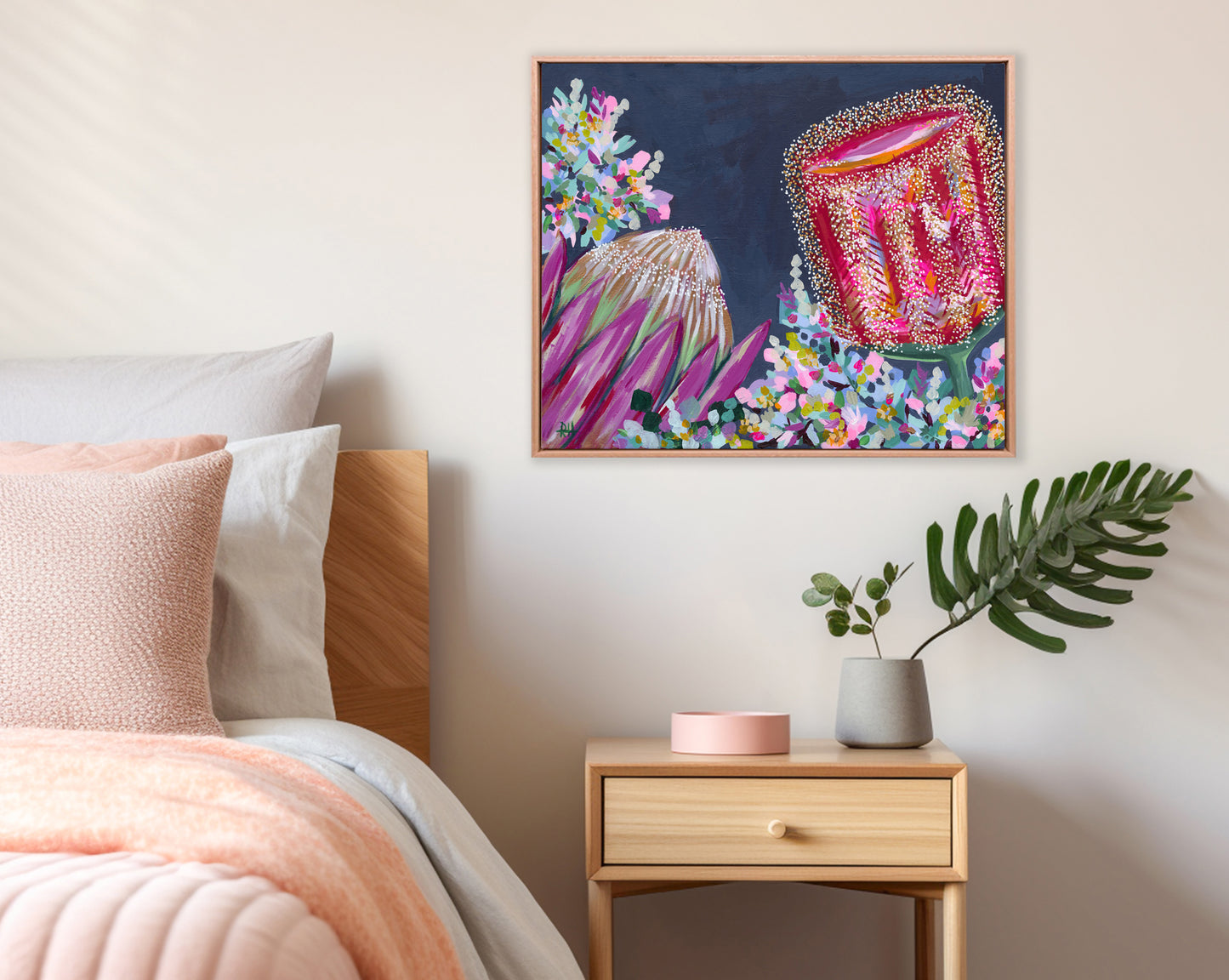 First Light – original floral painting by Rachelle Holowko featuring bold banksias and proteas in warm pinks and soft morning tones.