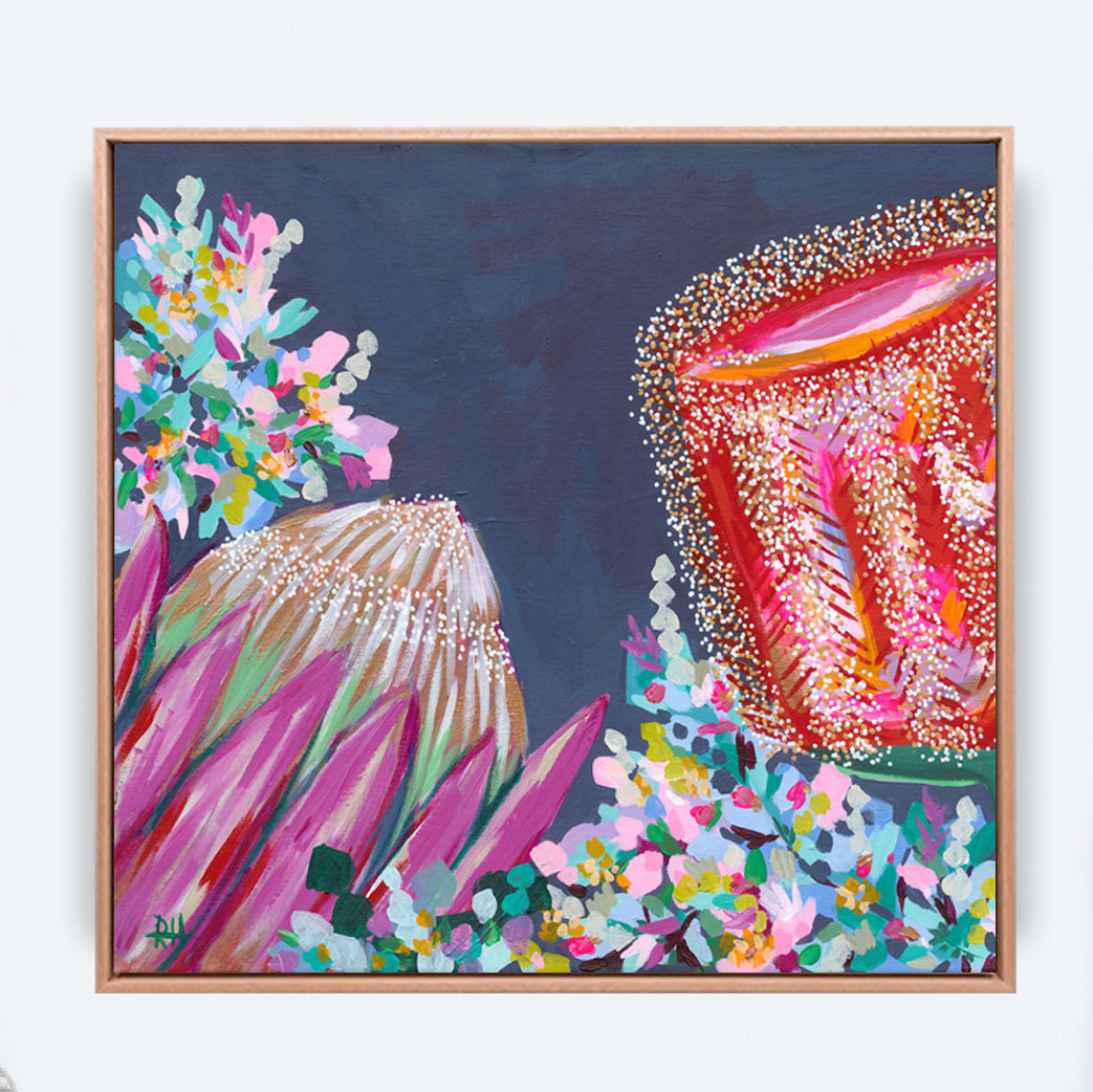 First Light – original floral painting by Rachelle Holowko featuring bold banksias and proteas in warm pinks and soft morning tones.