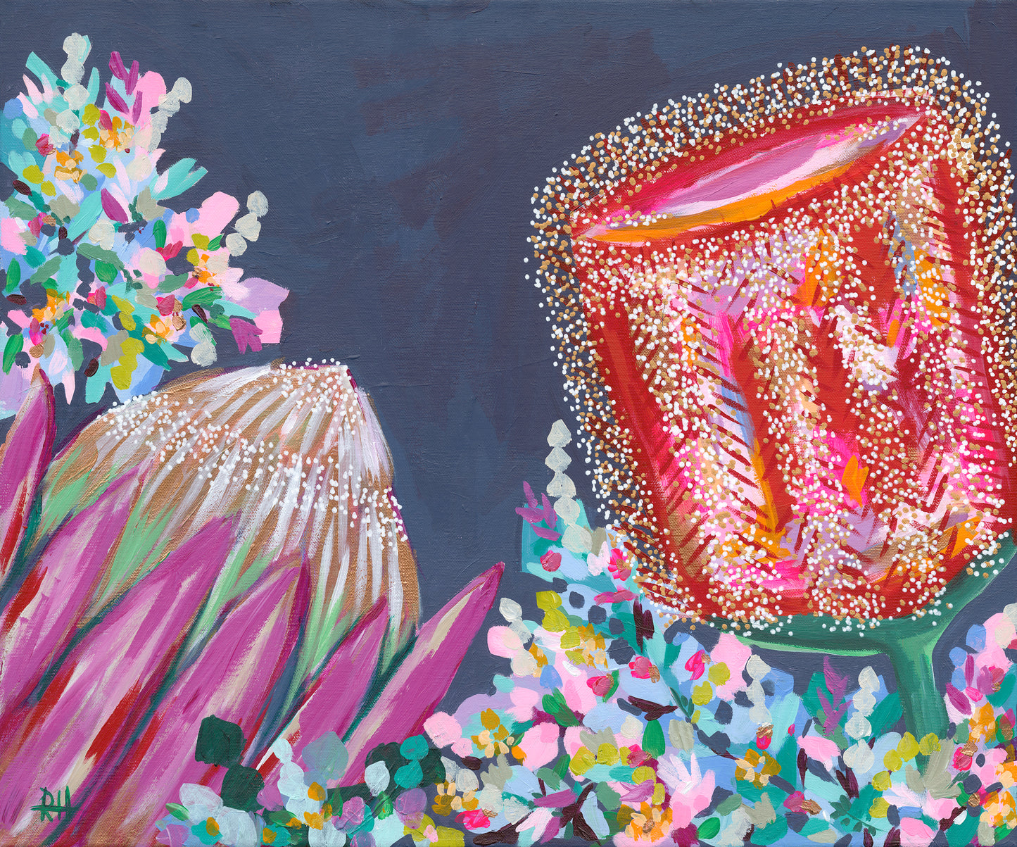 First Light – original floral painting by Rachelle Holowko featuring bold banksias and proteas in warm pinks and soft morning tones.