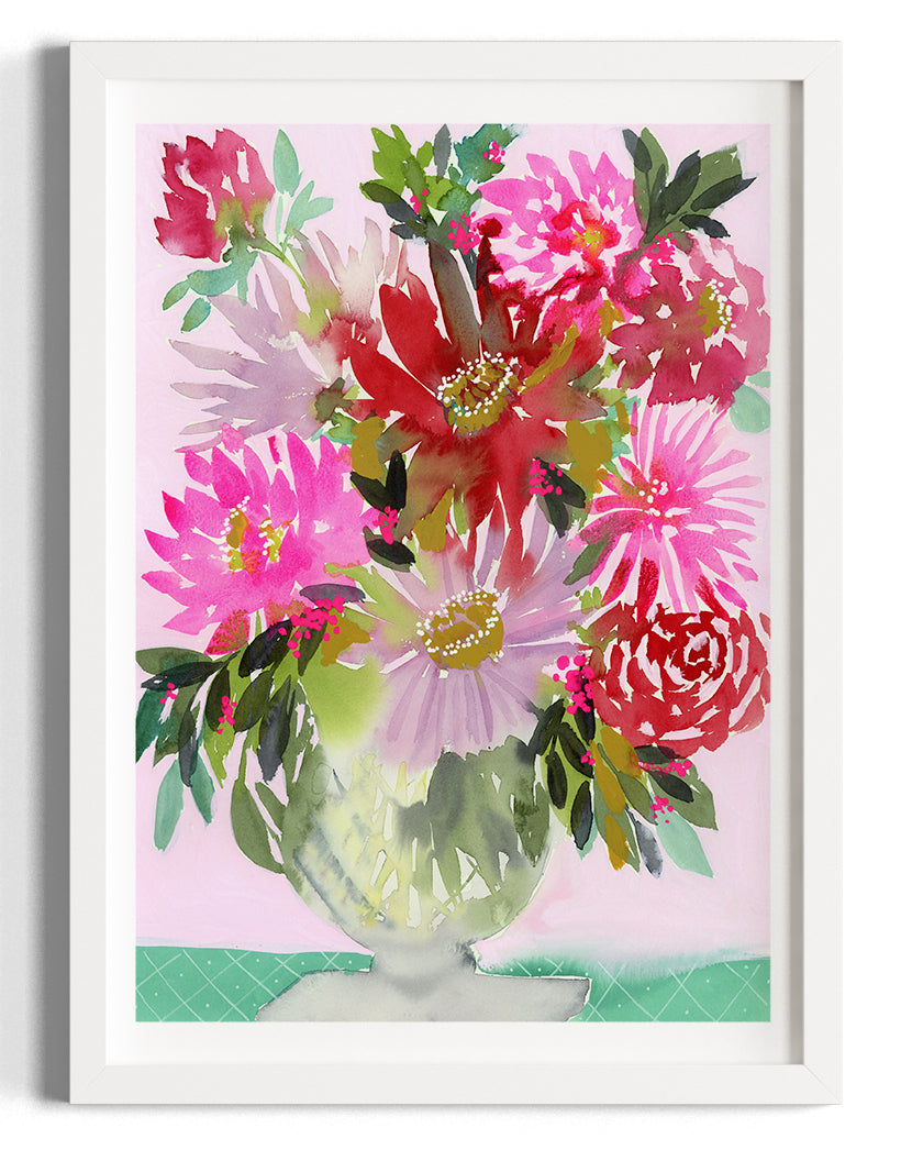 Watercolour print “Geranium” by Rachelle Holowko – vibrant geranium blossoms in a vase in botanical watercolour style in white frame
