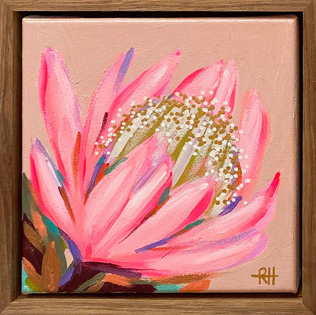 Glow Bloom – framed mini painting by Rachelle Holowko with a glowing pink protea on soft coral background.