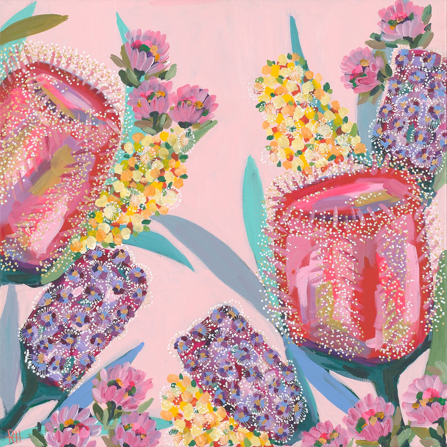 Original painting and print 'Native Glow' by Rachelle Holowko – native Australian flowers in a rich warm palette