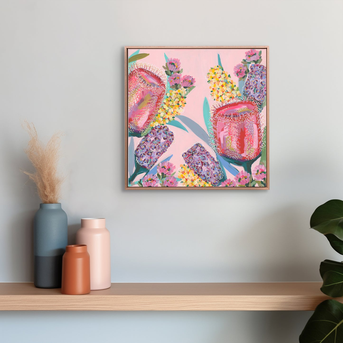 Colourful floral artwork by Rachelle Holowko styled in a bright modern home interior