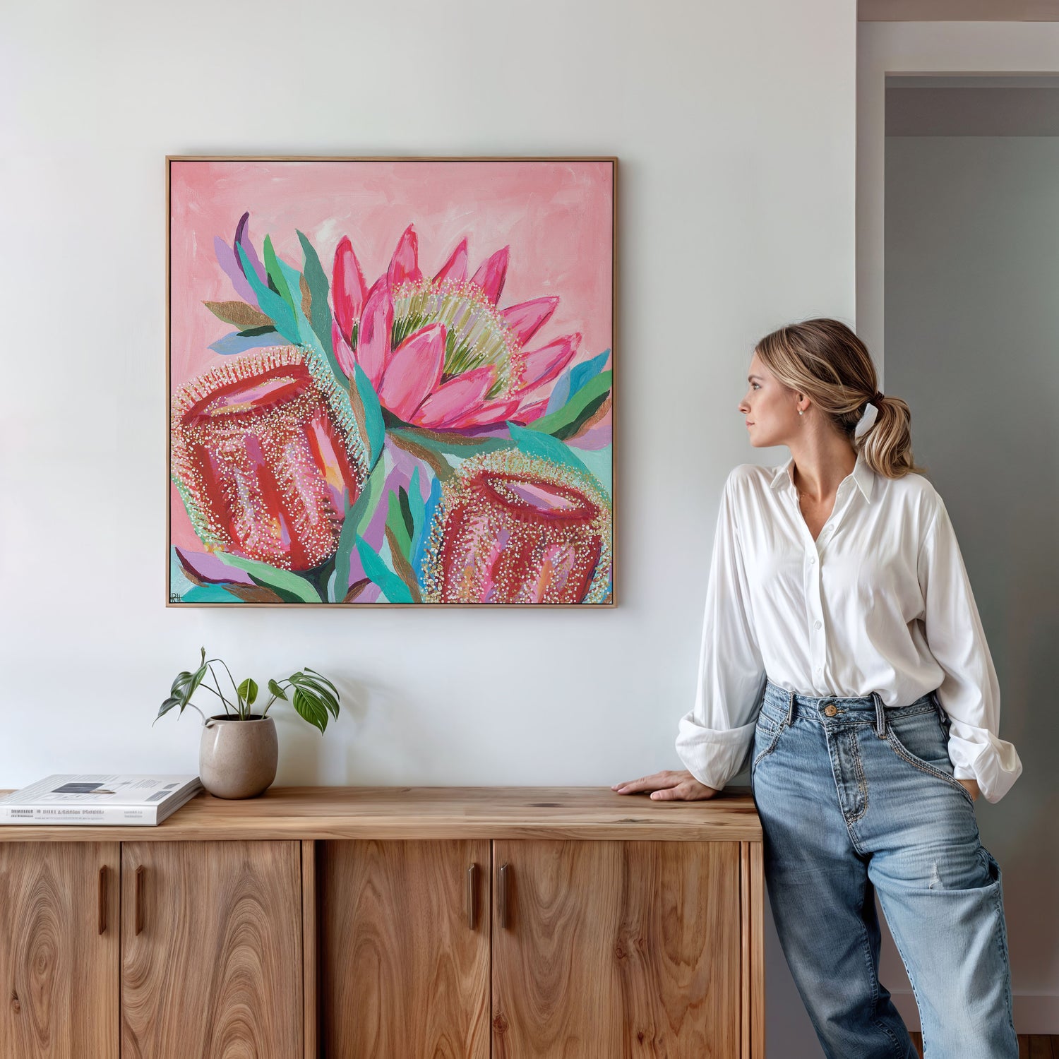 Original painting and print 'Native Glow' by Rachelle Holowko – glowing native flowers in a rich warm palette