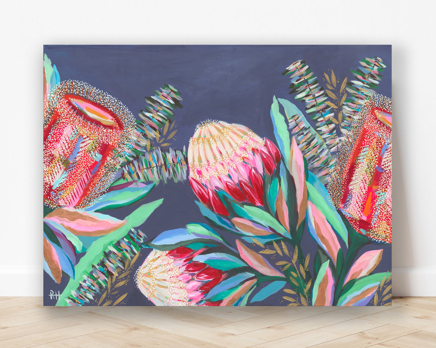 Native Night – bold Australian native flower painting by Rachelle Holowko with proteas and banksias on a moody blue background.