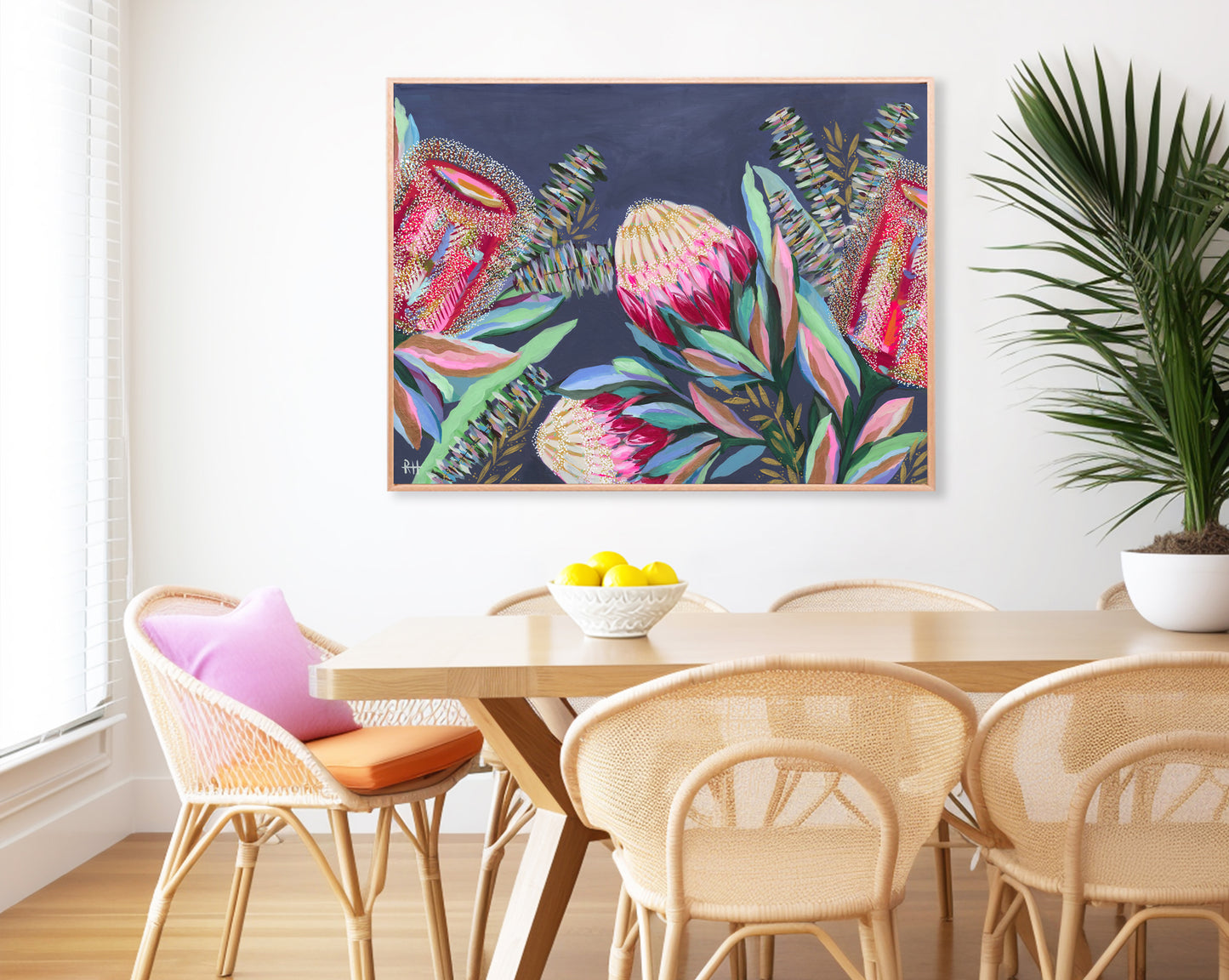 Native Night – bold Australian native flower painting by Rachelle Holowko with proteas and banksias on a moody blue background.