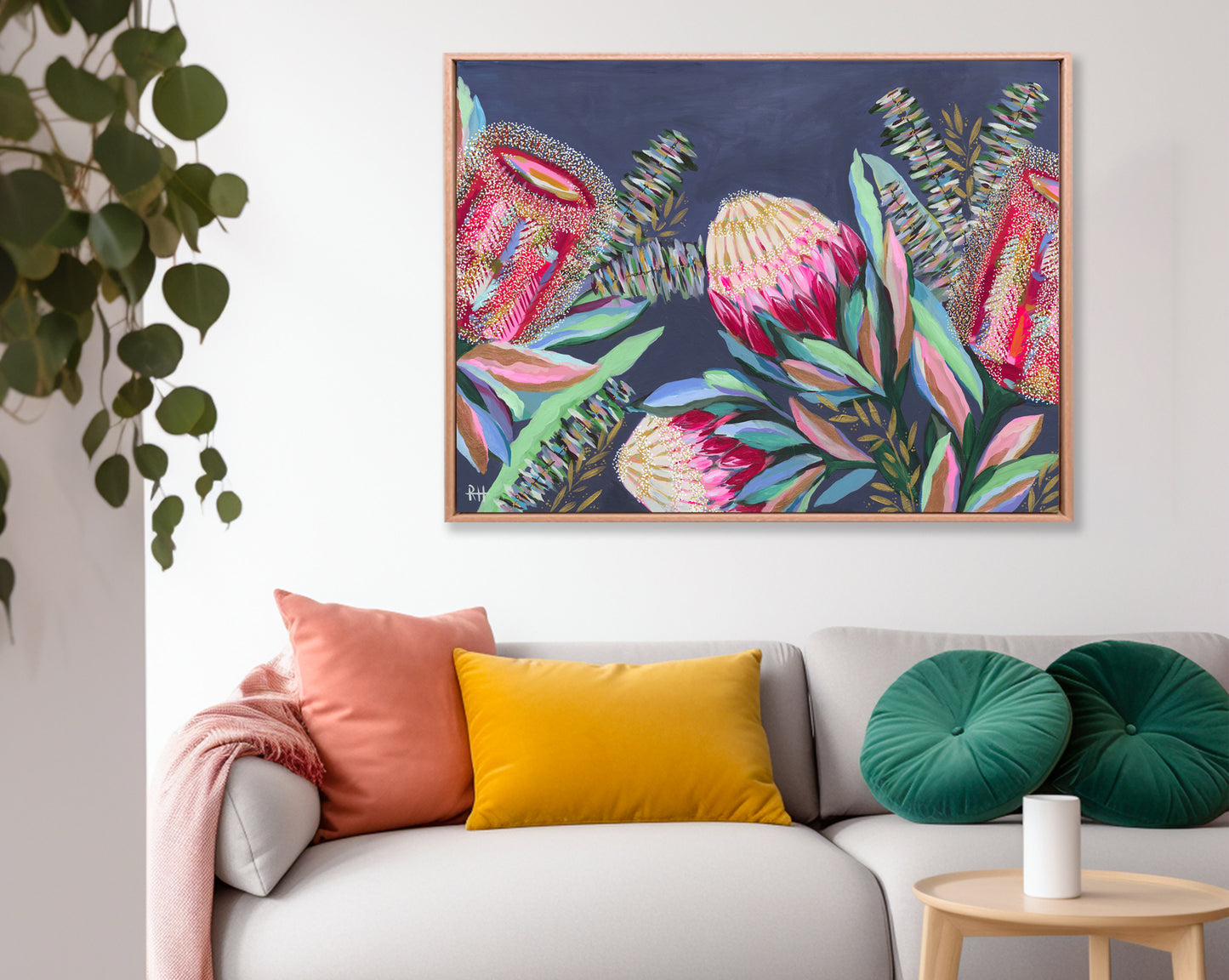 Native Night – bold Australian native flower painting by Rachelle Holowko with proteas and banksias on a moody blue background.