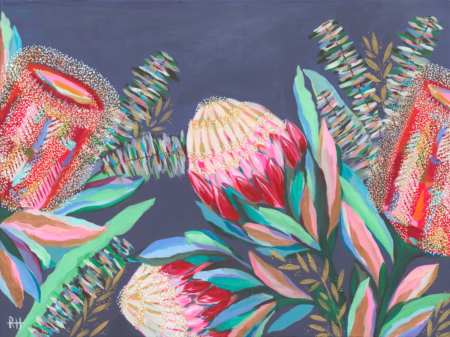 Native Night – bold Australian native flower painting by Rachelle Holowko with proteas and banksias on a moody blue background.