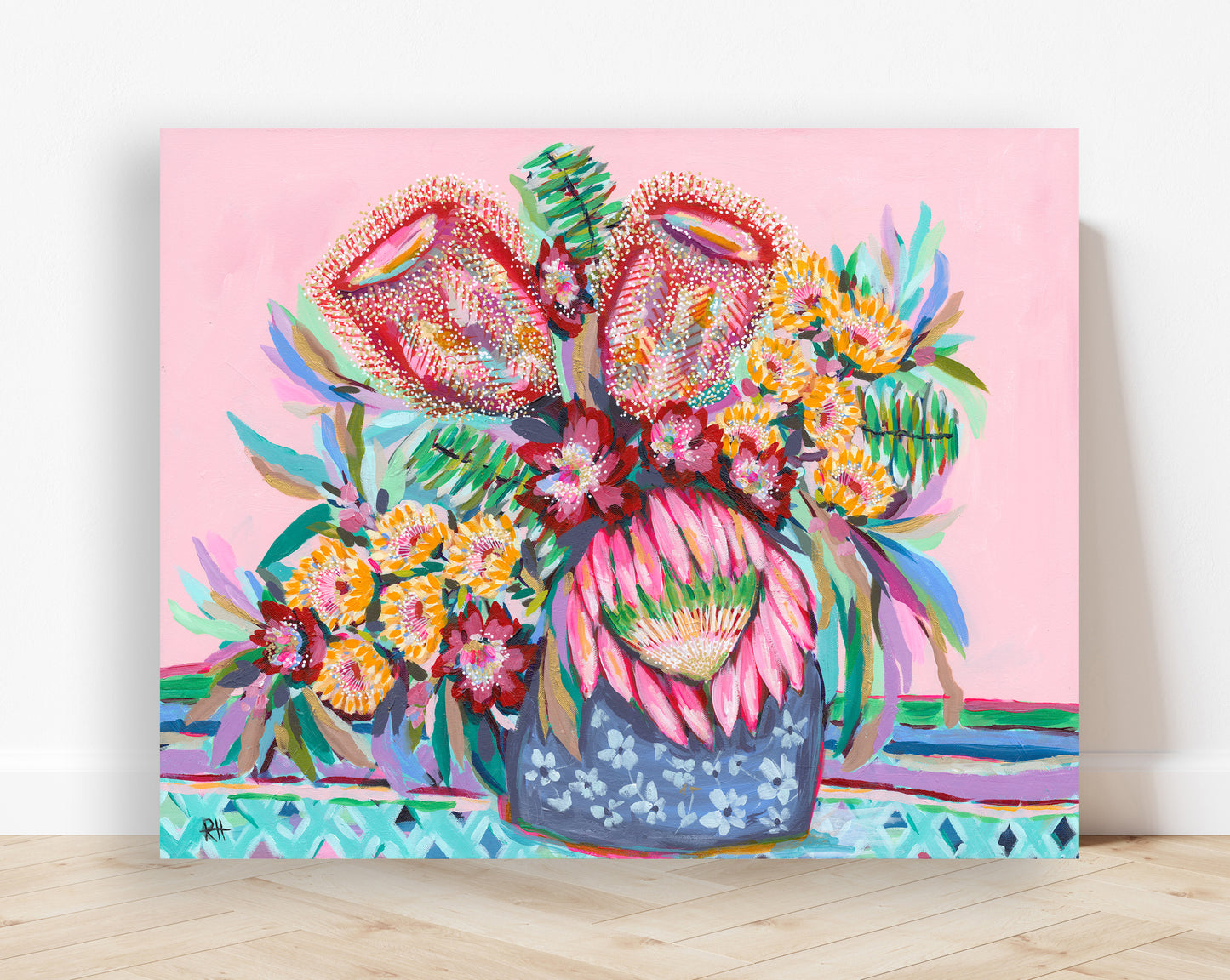 Patterned Vase – original floral painting by Rachelle Holowko featuring a navy patterned vase with proteas and yellow gum blossoms.
