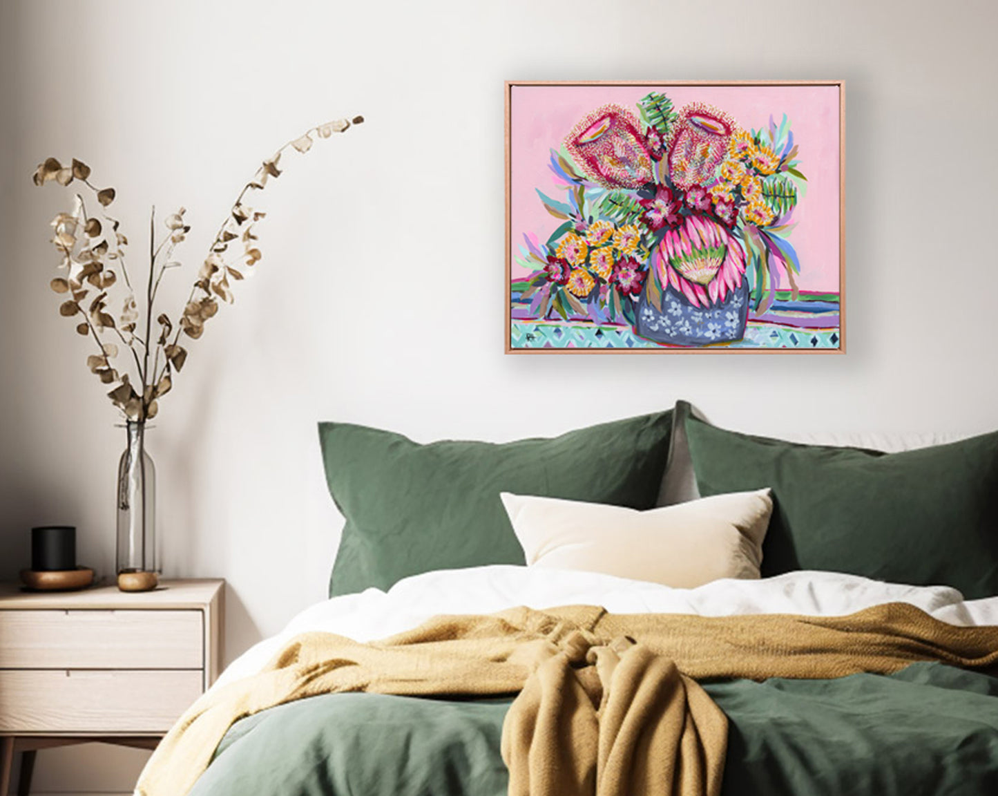 Patterned Vase – original floral painting by Rachelle Holowko featuring a navy patterned vase with proteas and yellow gum blossoms.