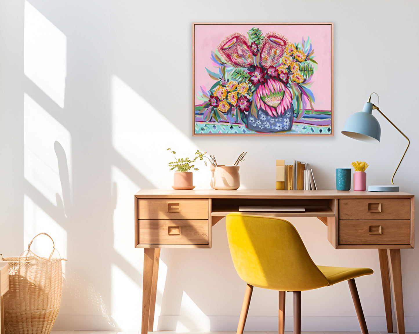 Patterned Vase – original floral painting by Rachelle Holowko featuring a navy patterned vase with proteas and yellow gum blossoms.