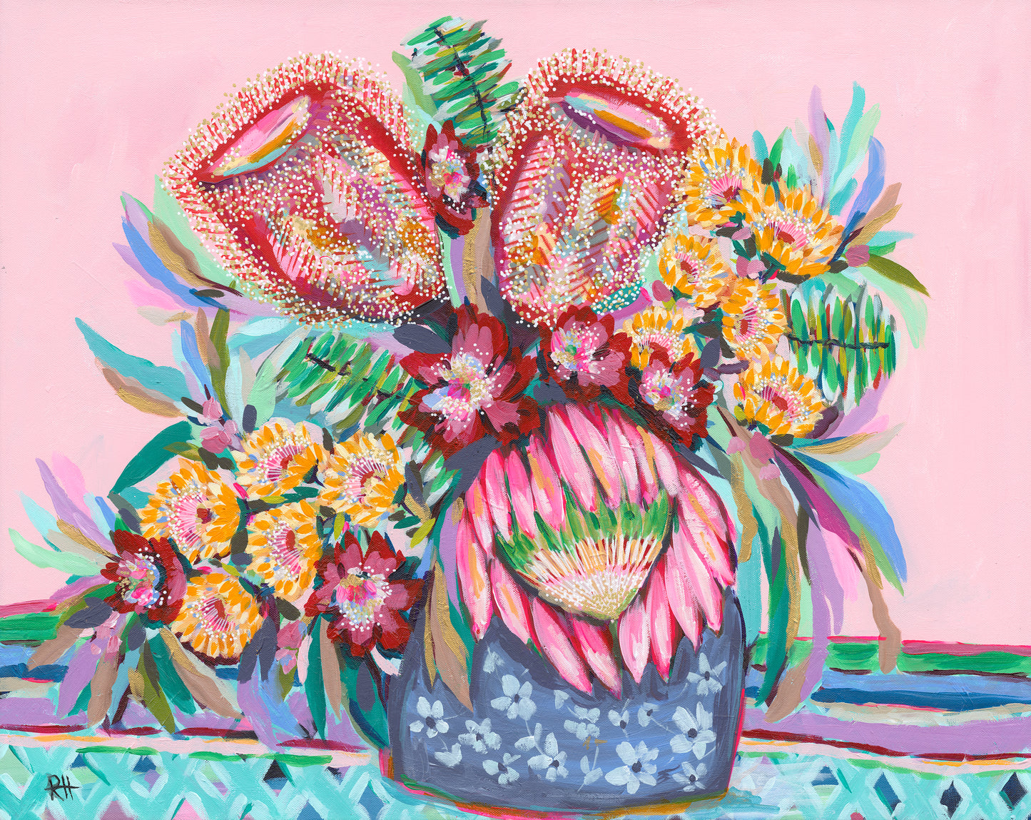 Patterned Vase – original floral painting by Rachelle Holowko featuring a navy patterned vase with proteas and yellow gum blossoms.