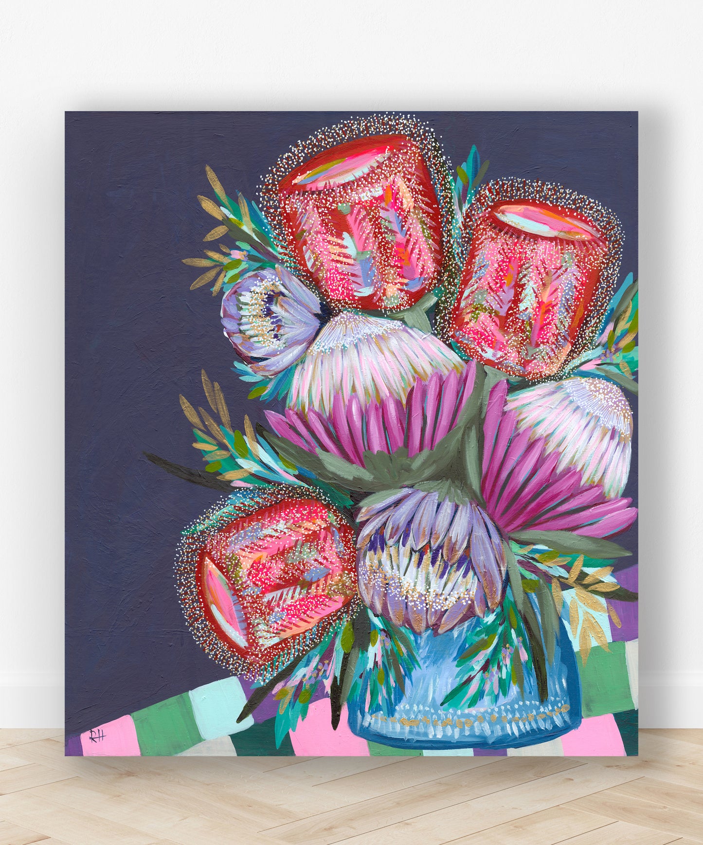 Protea Table – expressive Australian floral still life by Rachelle Holowko with a vase of proteas and red banksias.
