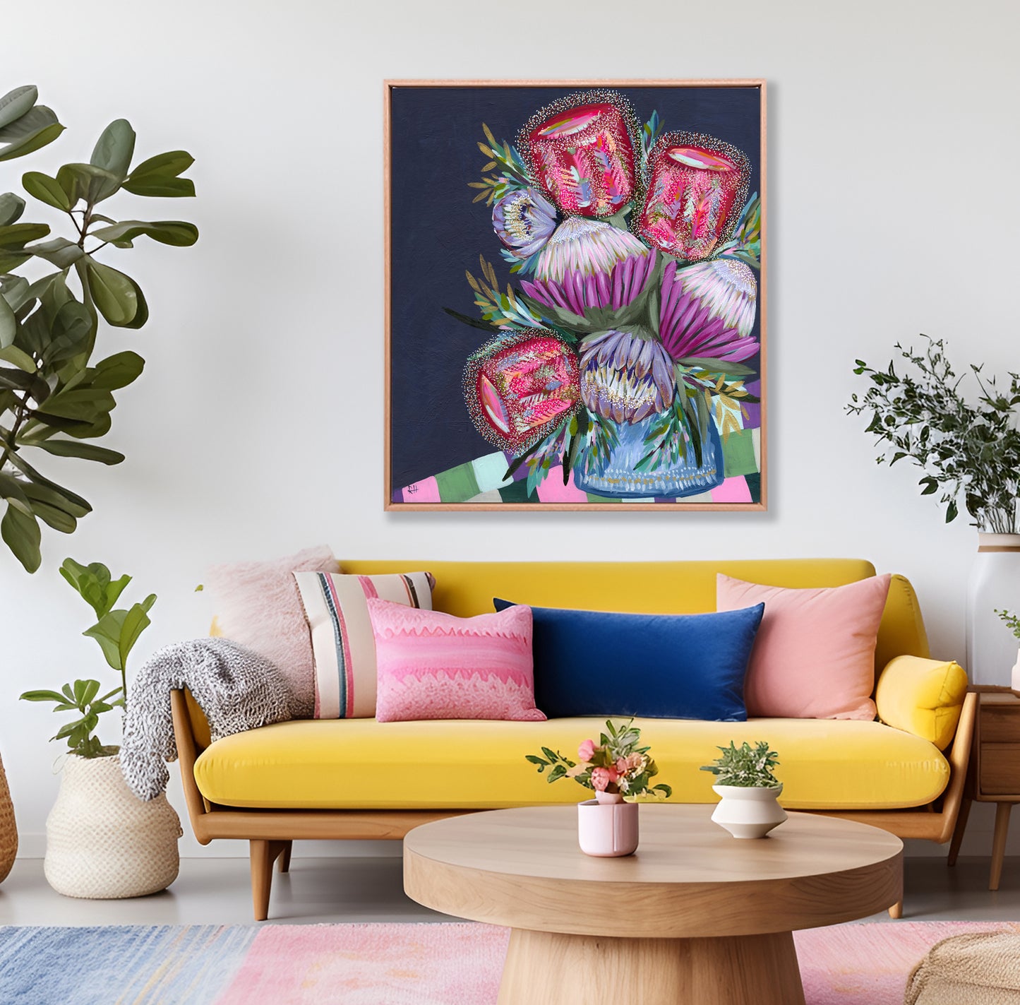 Protea Table – expressive Australian floral still life by Rachelle Holowko with a vase of proteas and red banksias.
