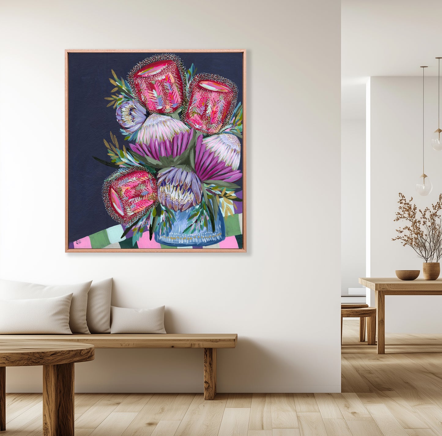 Protea Table – expressive Australian floral still life by Rachelle Holowko with a vase of proteas and red banksias.