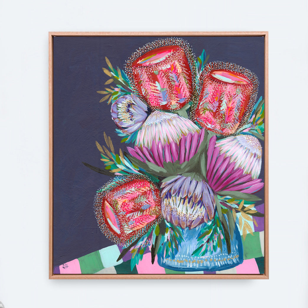 Protea Table – expressive Australian floral still life by Rachelle Holowko with a vase of proteas and red banksias.