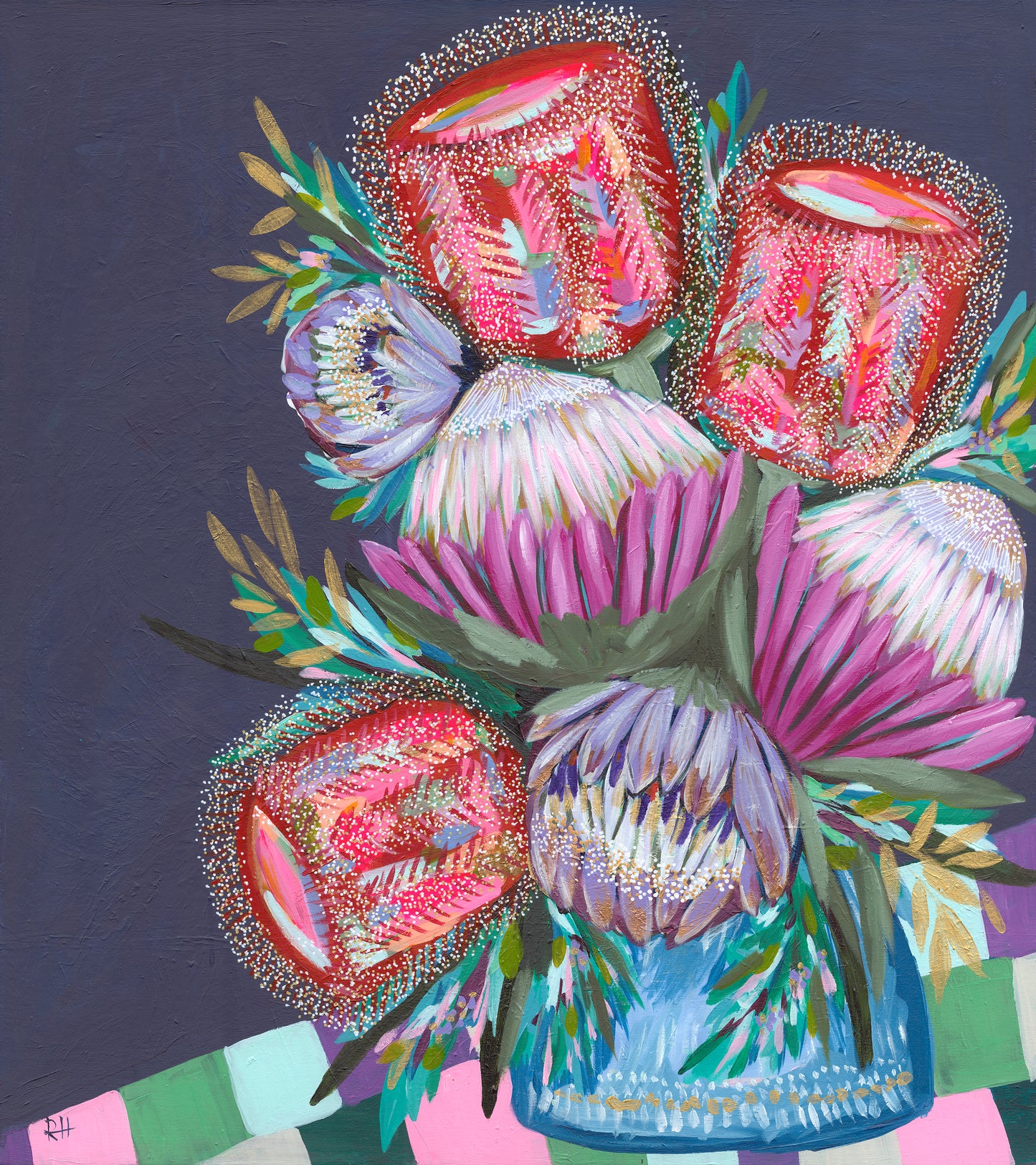Protea Table – expressive Australian floral still life by Rachelle Holowko with a vase of proteas and red banksias.