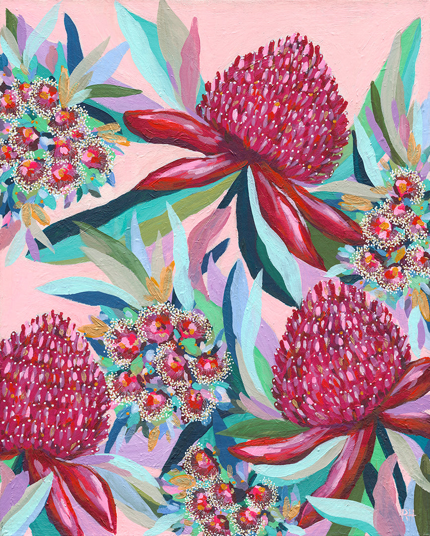 Original painting and print 'Wild Garden' by Rachelle Holowko – loose expressive native Australian florals in joyful, vibrant colours