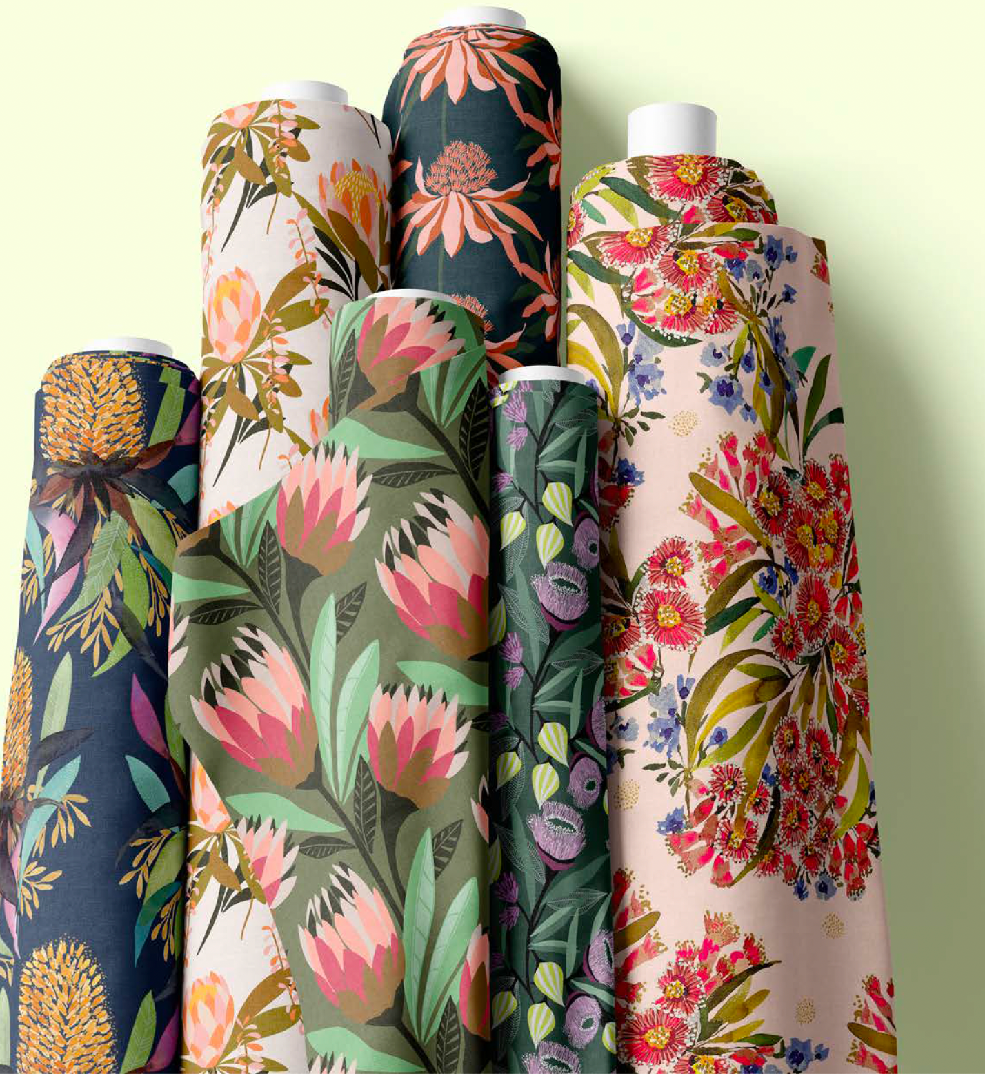 Devonstone Collections collaboration – fabric featuring Rachelle Holowko native Australian floral prints draped in fabri rolls