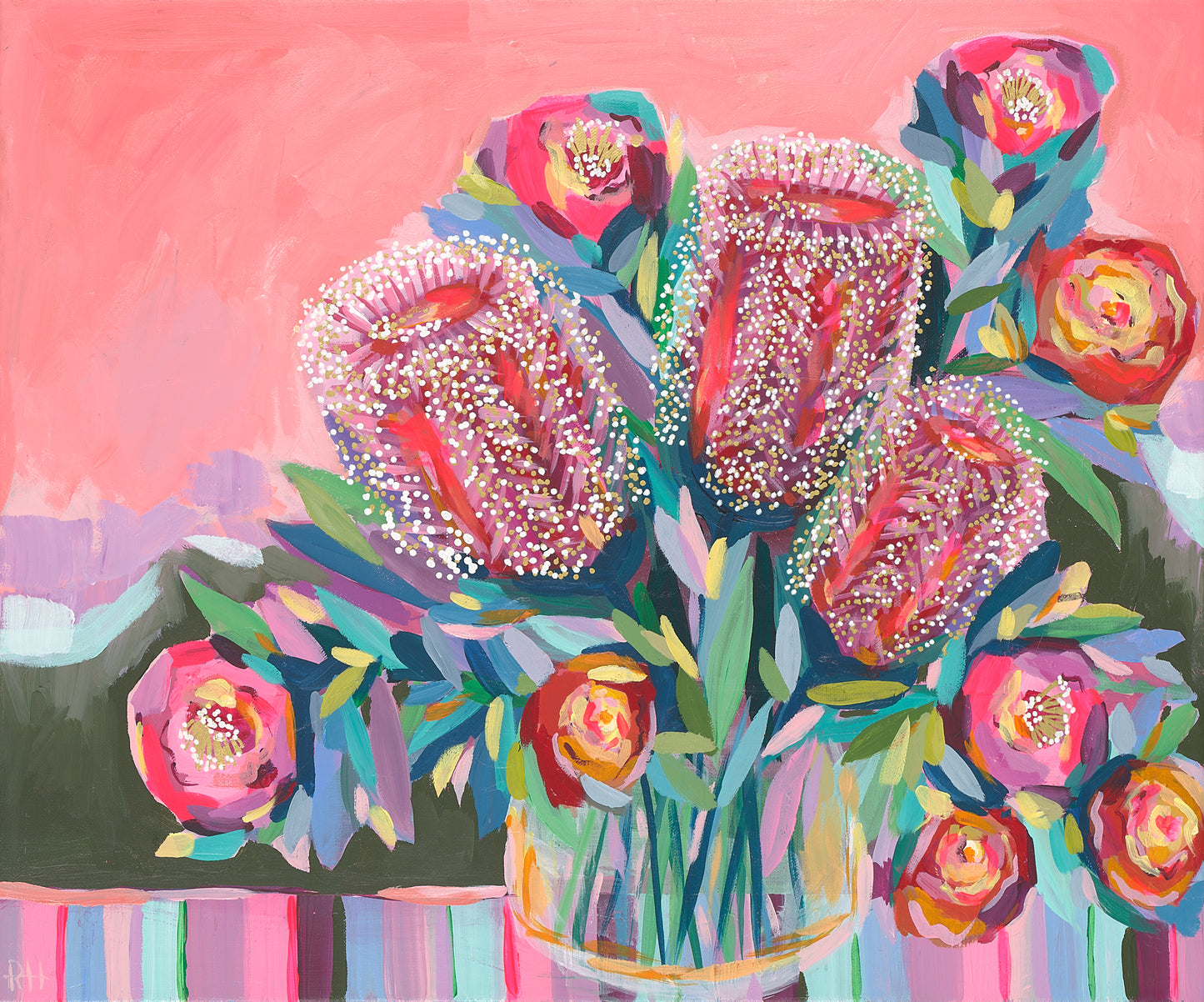 'The Wild Vase' by Rachelle Holowko – expressive floral painting and print with Australian natives in pinks and greens
