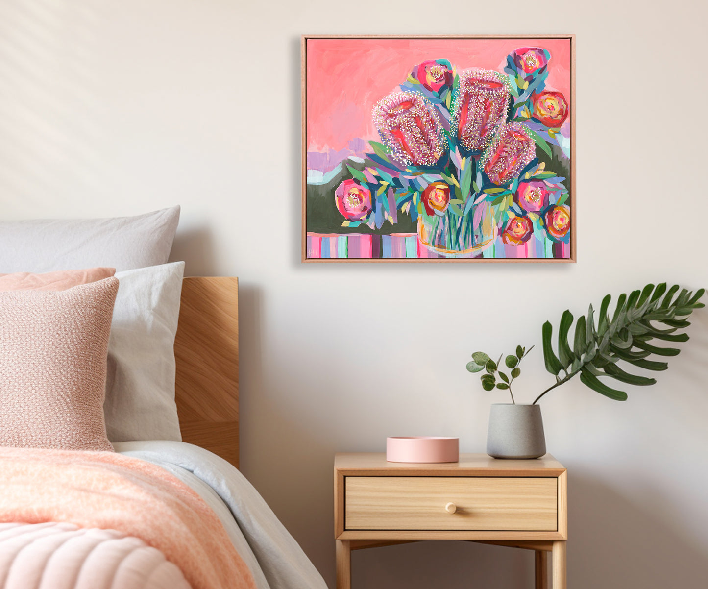 Colourful floral artwork by Rachelle Holowko styled in a bright modern home interior