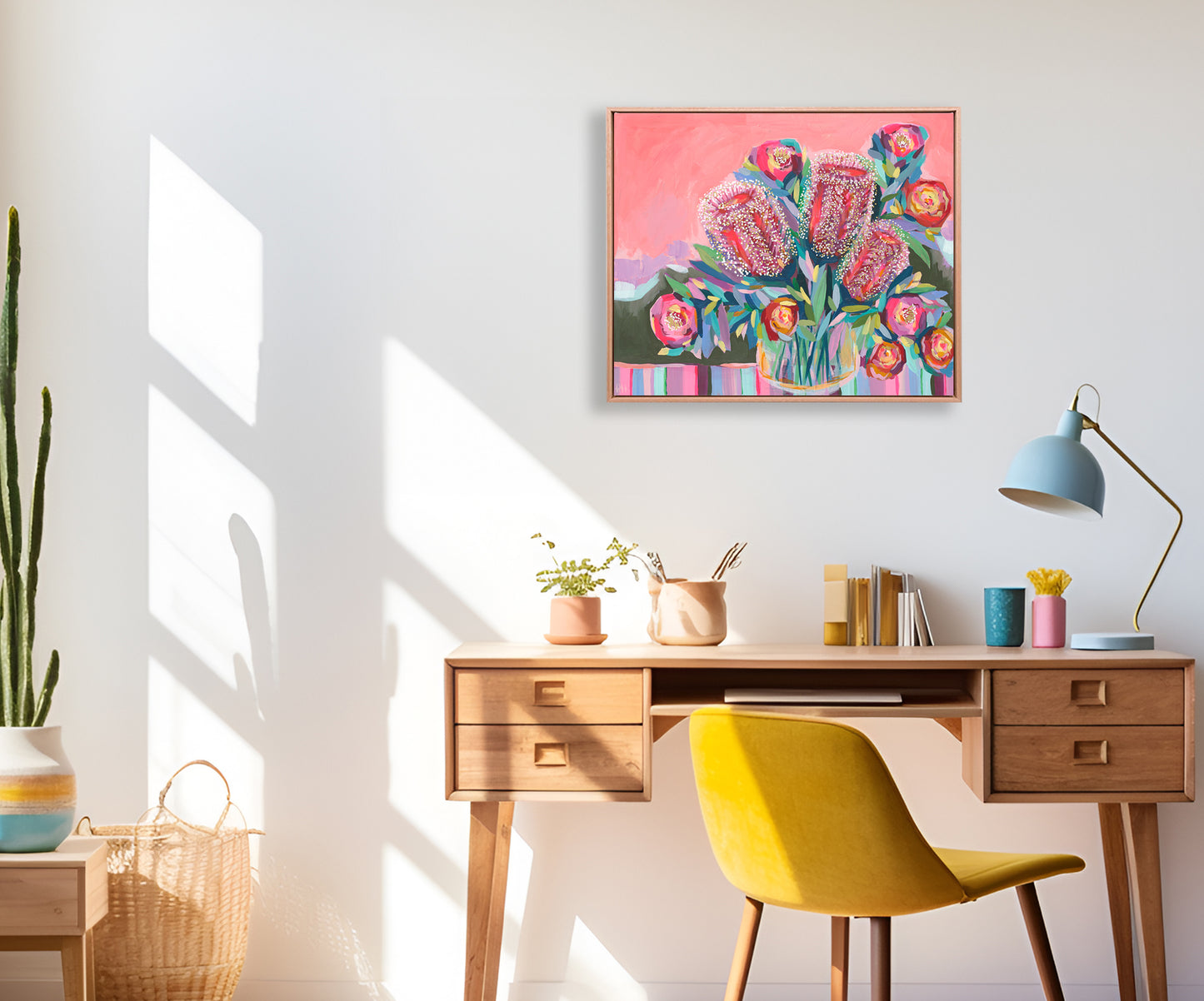 Colourful floral artwork by Rachelle Holowko styled in a bright modern home interior
