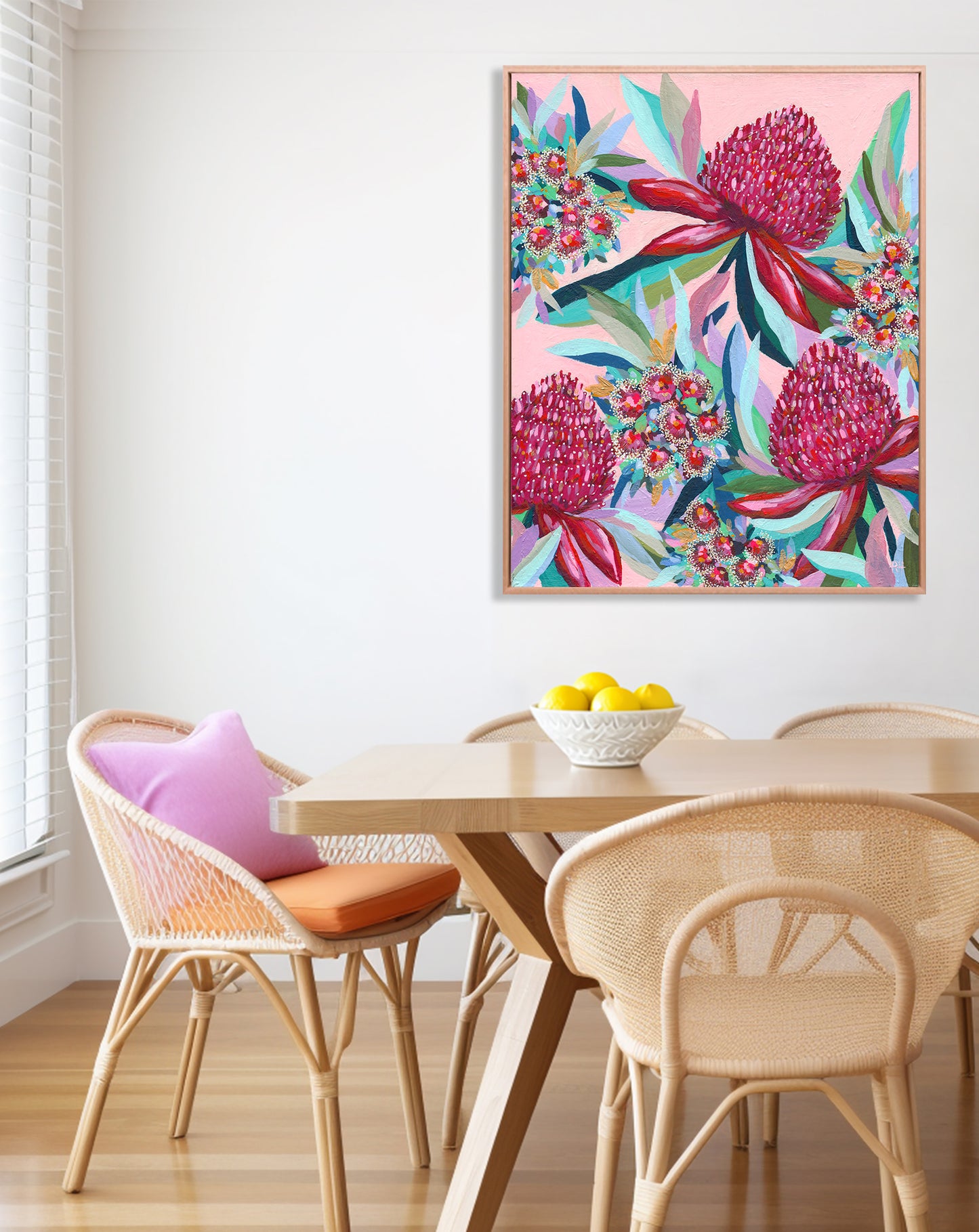 Colourful floral artwork by Rachelle Holowko styled in a bright modern home interior