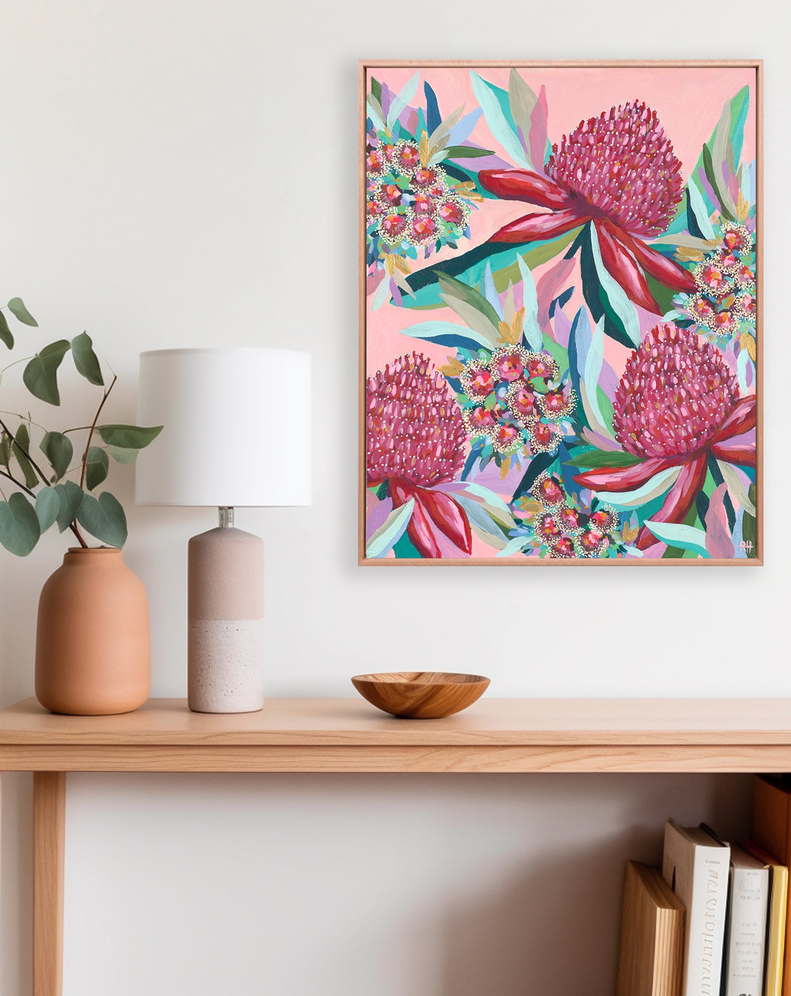 Colourful floral artwork by Rachelle Holowko styled in a bright modern home interior