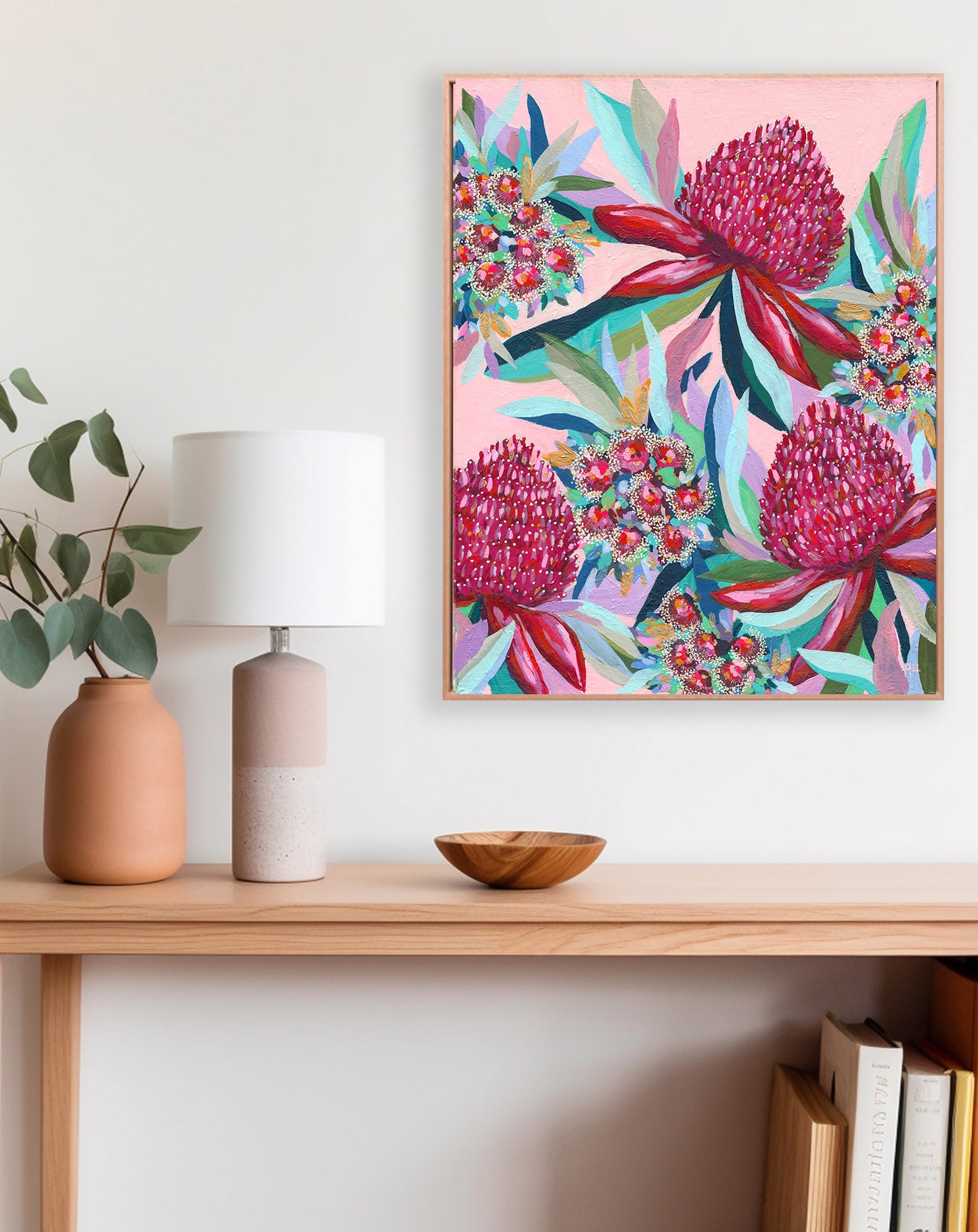 Colourful floral artwork by Rachelle Holowko styled in a bright modern home interior