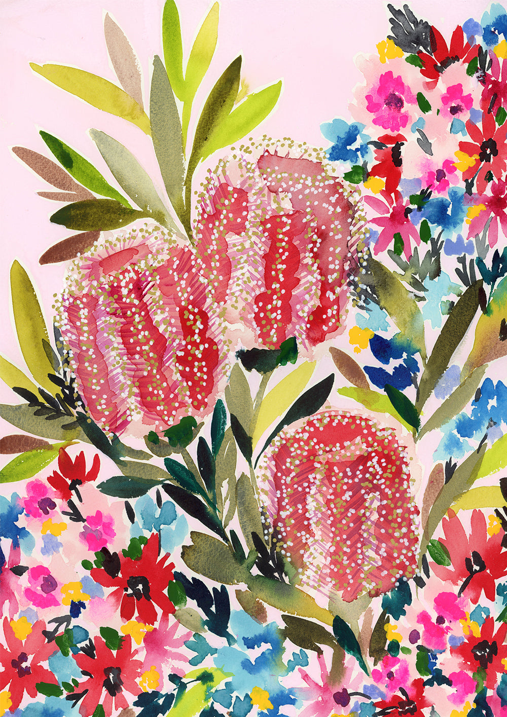Watercolour print “Banksia Garden” by Rachelle Holowko – detailed banksia flowers in earthy tones