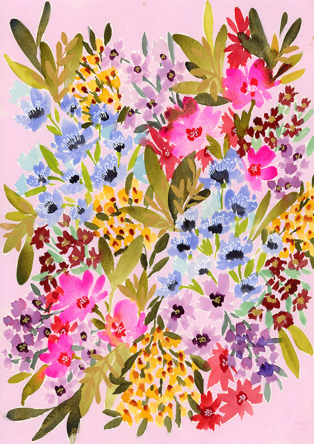 Watercolour print “Floral Burst” by Rachelle Holowko – energetic burst of bright floral blooms