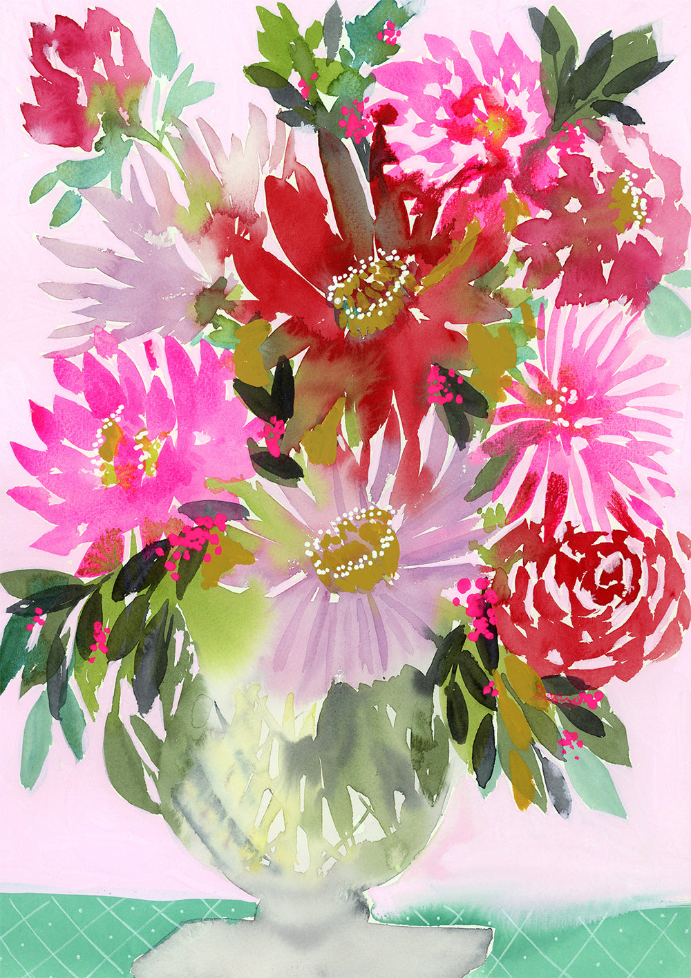 Watercolour print “Geranium” by Rachelle Holowko – vibrant geranium blossoms in a vase  in botanical watercolour style