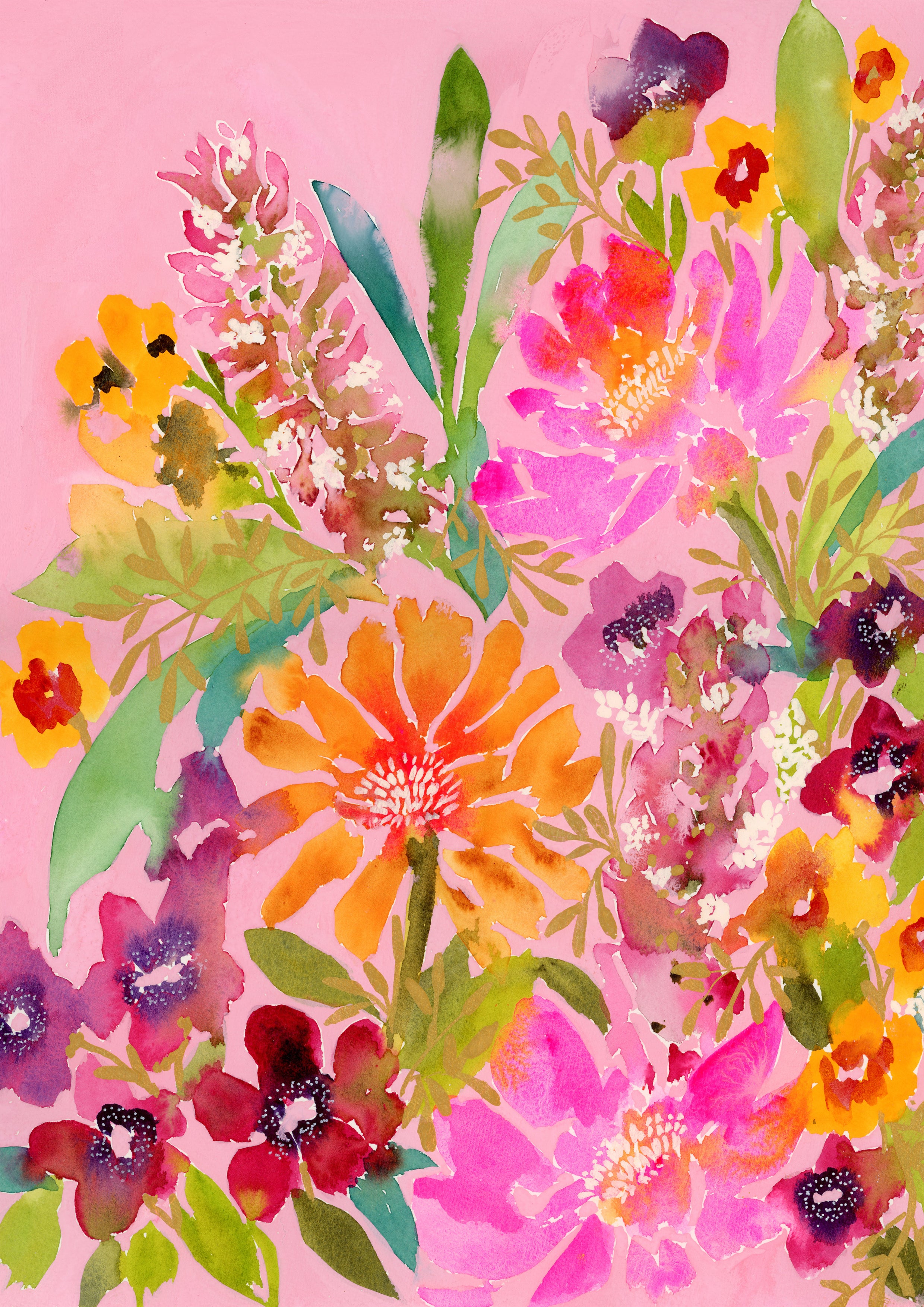 Watercolour print “Magenta Dreams” by Rachelle Holowko – bold magenta floral artwork with loose washes in pinks and pretty tones
