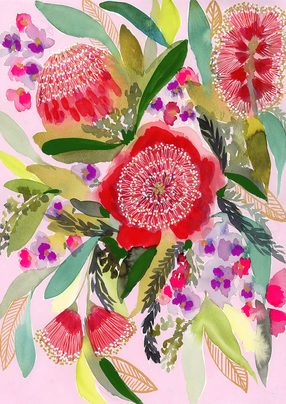 Watercolour print “Native Dreams” by Rachelle Holowko – dreamy native flowers in reds and soft pastel tones