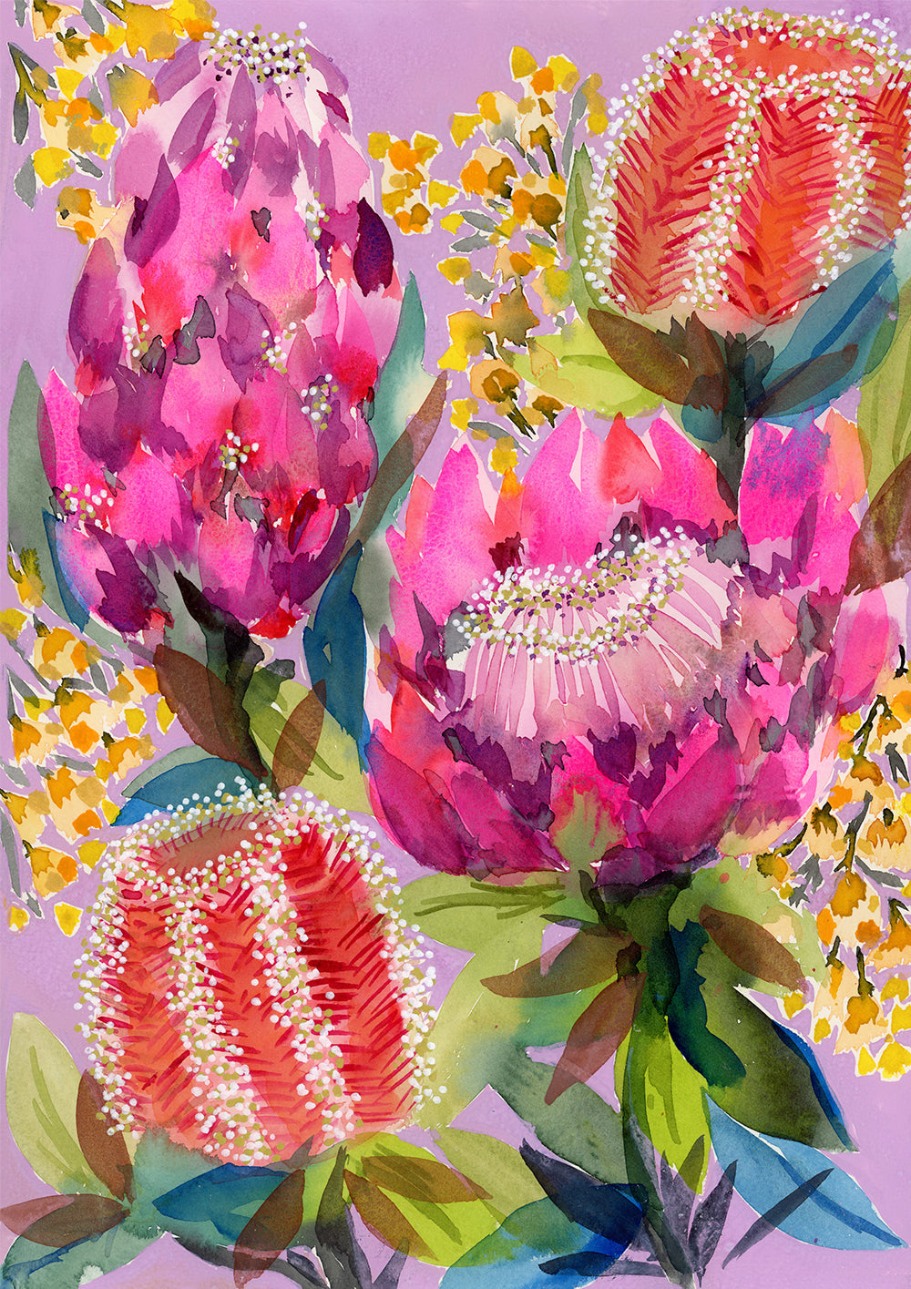 Watercolour print “Native Garden” by Rachelle Holowko – Australian native florals in gentle green and pink hues