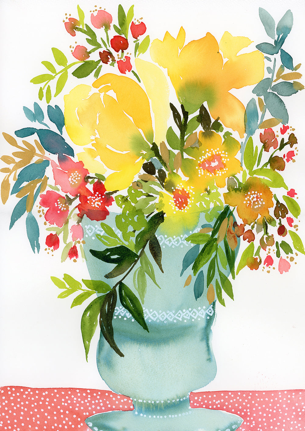 Watercolour print “Sunshine Vase” by Rachelle Holowko – floral arrangement in bright yellows and warm tones
