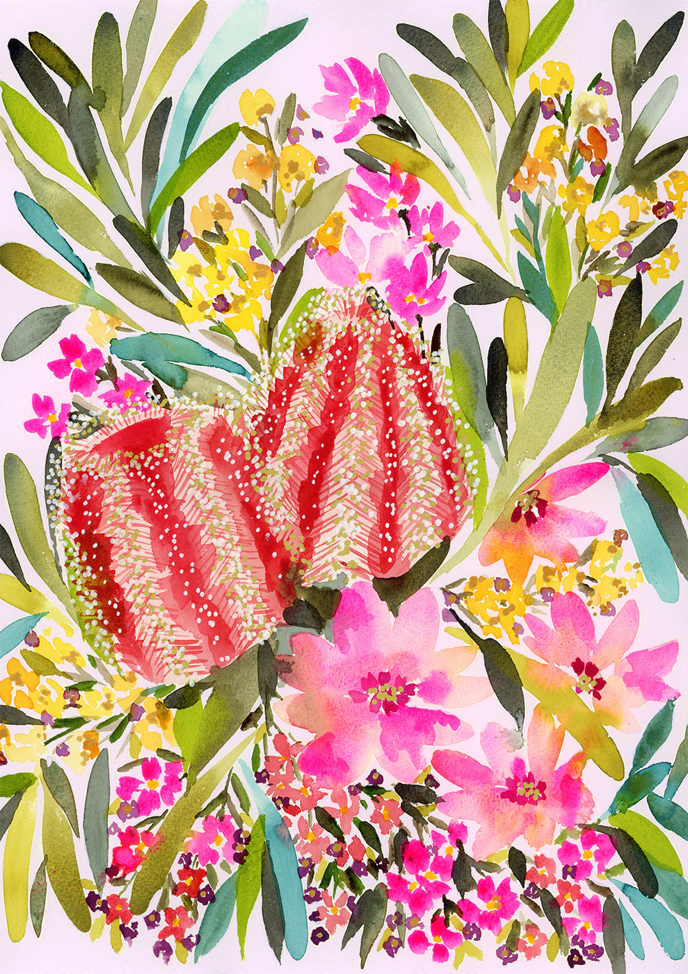 Watercolour print “Tropical Banksia” by Rachelle Holowko – vibrant banksia flower artwork in lush greens and peaches
