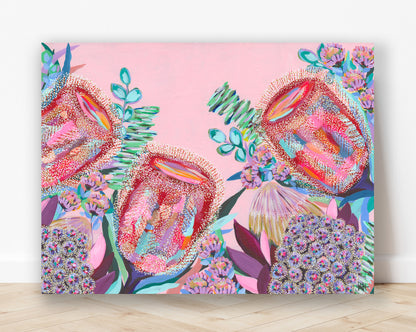 Banksia Song – colourful floral artwork by Rachelle Holowko with vibrant banksias and soft pink background.